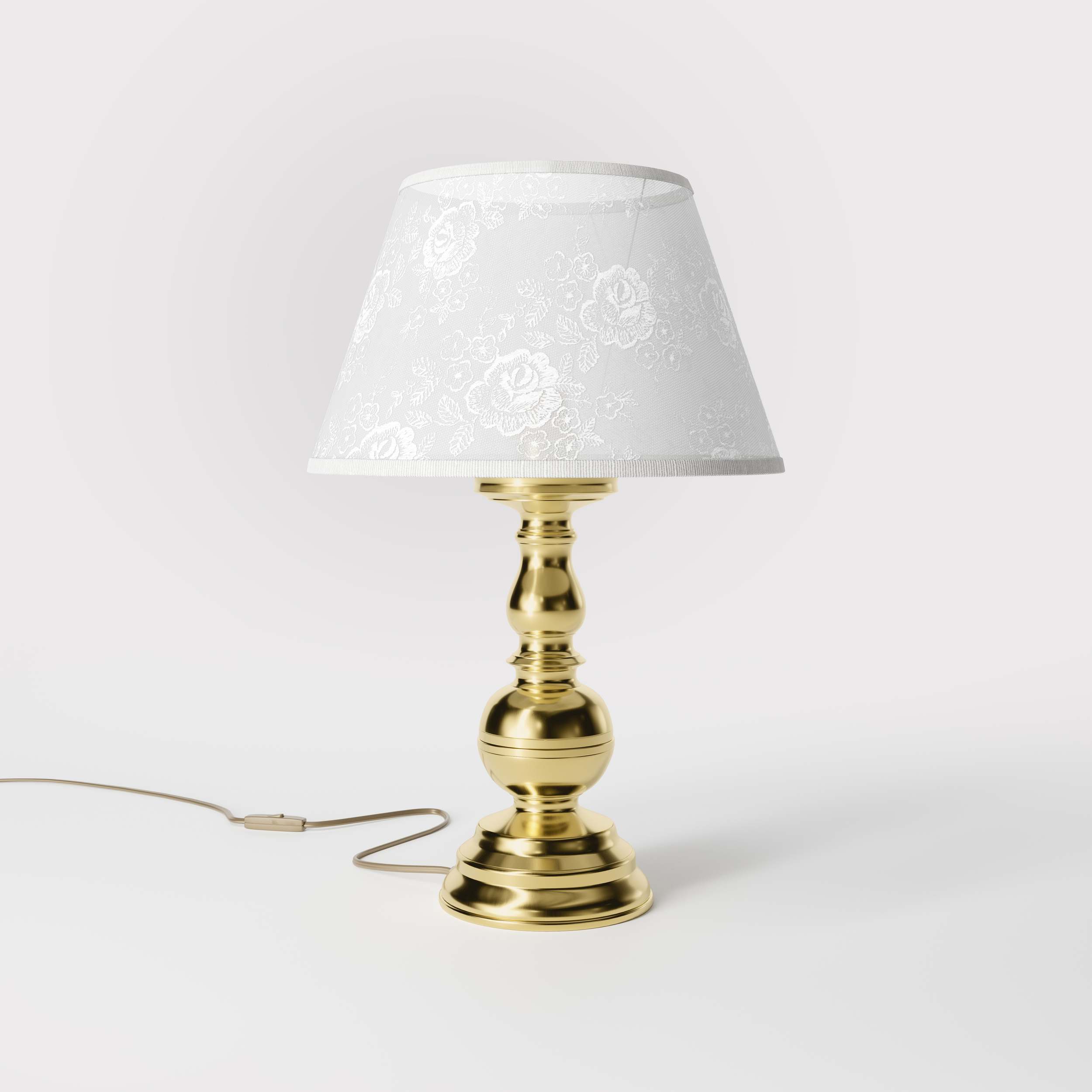 Brass table lamp with turned base and ivory fabric shade embroidered with floral motifs, classic design for interiors - Finish: OLV Polished Brass