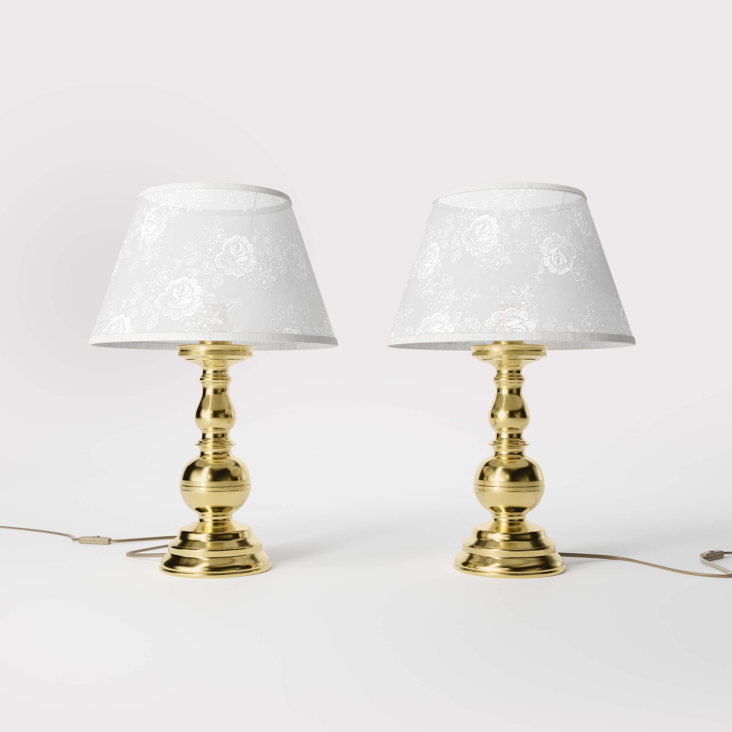 Brass table lamp with turned base and ivory fabric shade embroidered with floral motifs, classic design for interiors - Finish: OLV Polished Brass