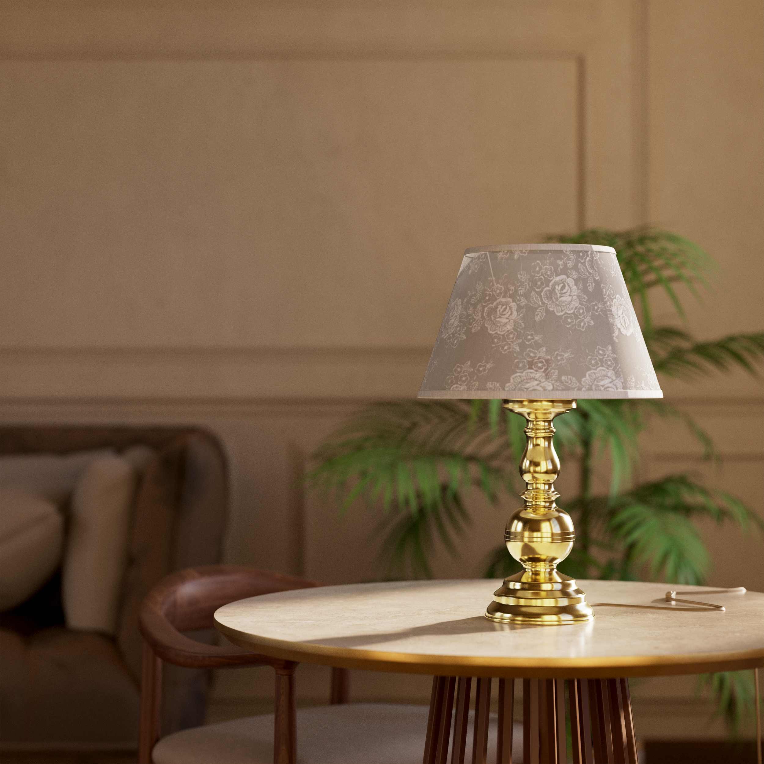 Brass table lamp with turned base and ivory fabric shade embroidered with floral motifs, classic design for interiors - Finish: OLV Polished Brass