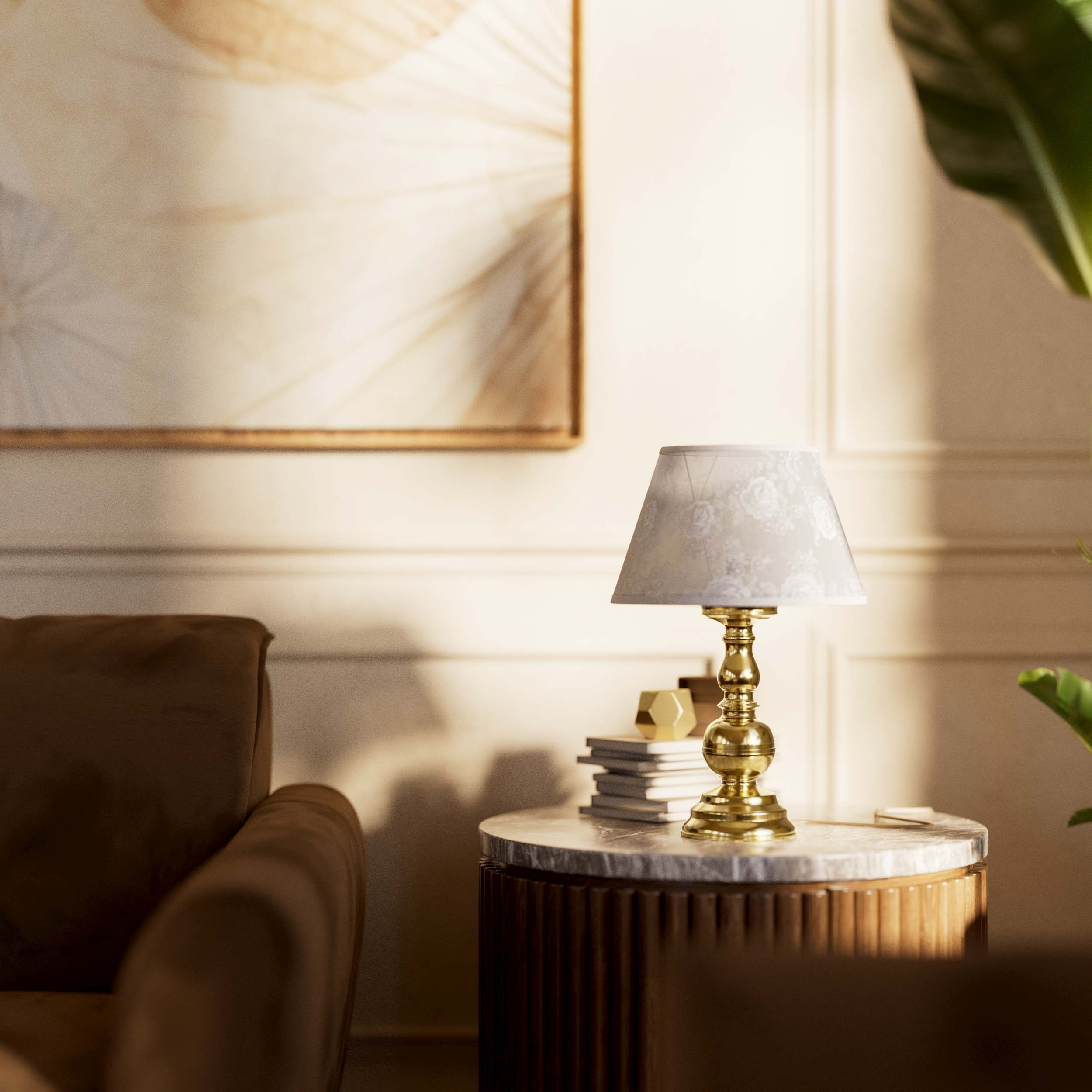 Brass table lamp with turned base and ivory fabric shade embroidered with floral motifs, classic design for interiors - Finish: OLV Polished Brass