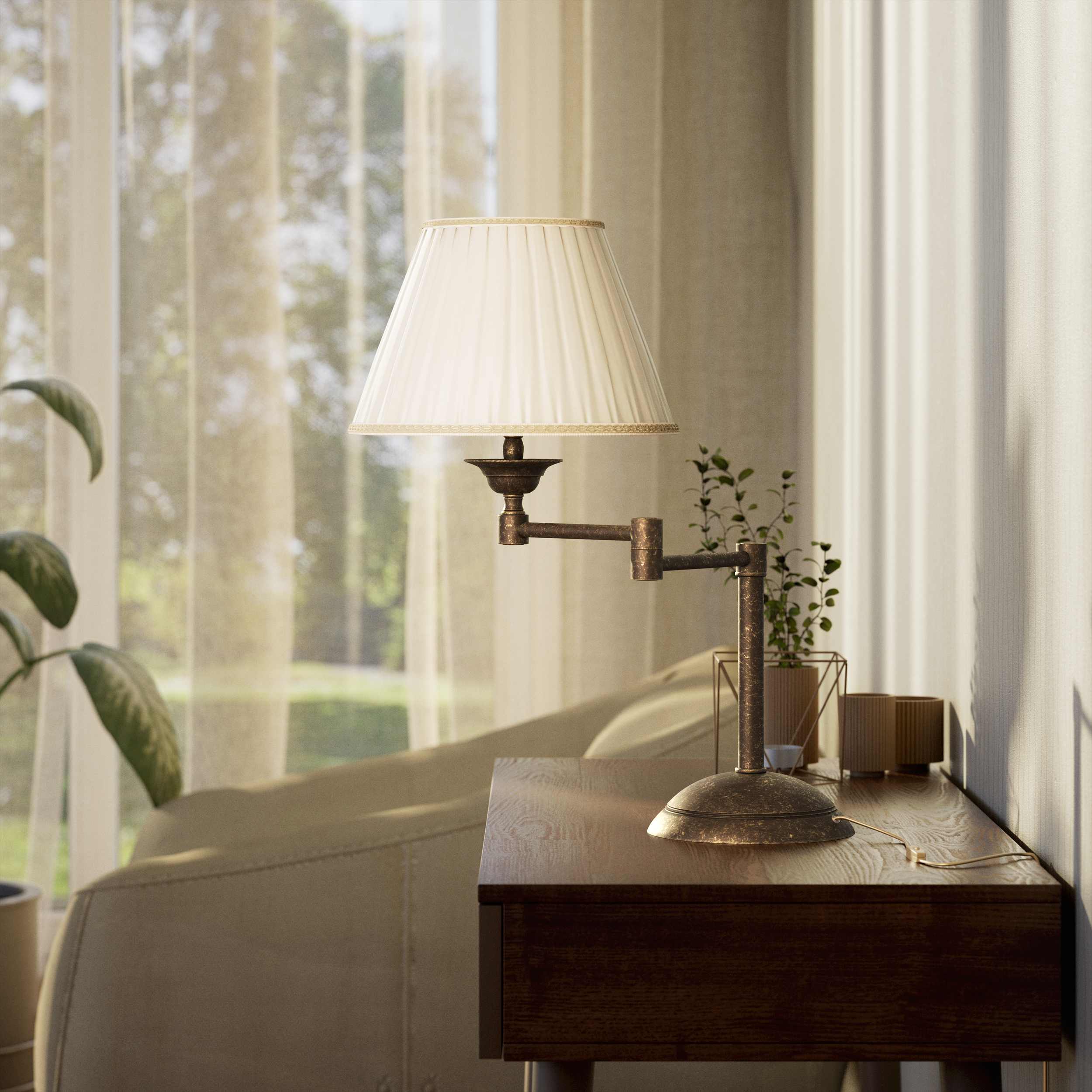 Table lamp with double adjustable arm, ivory pleated fabric shade and circular base - Finish: OAS Antique Brass