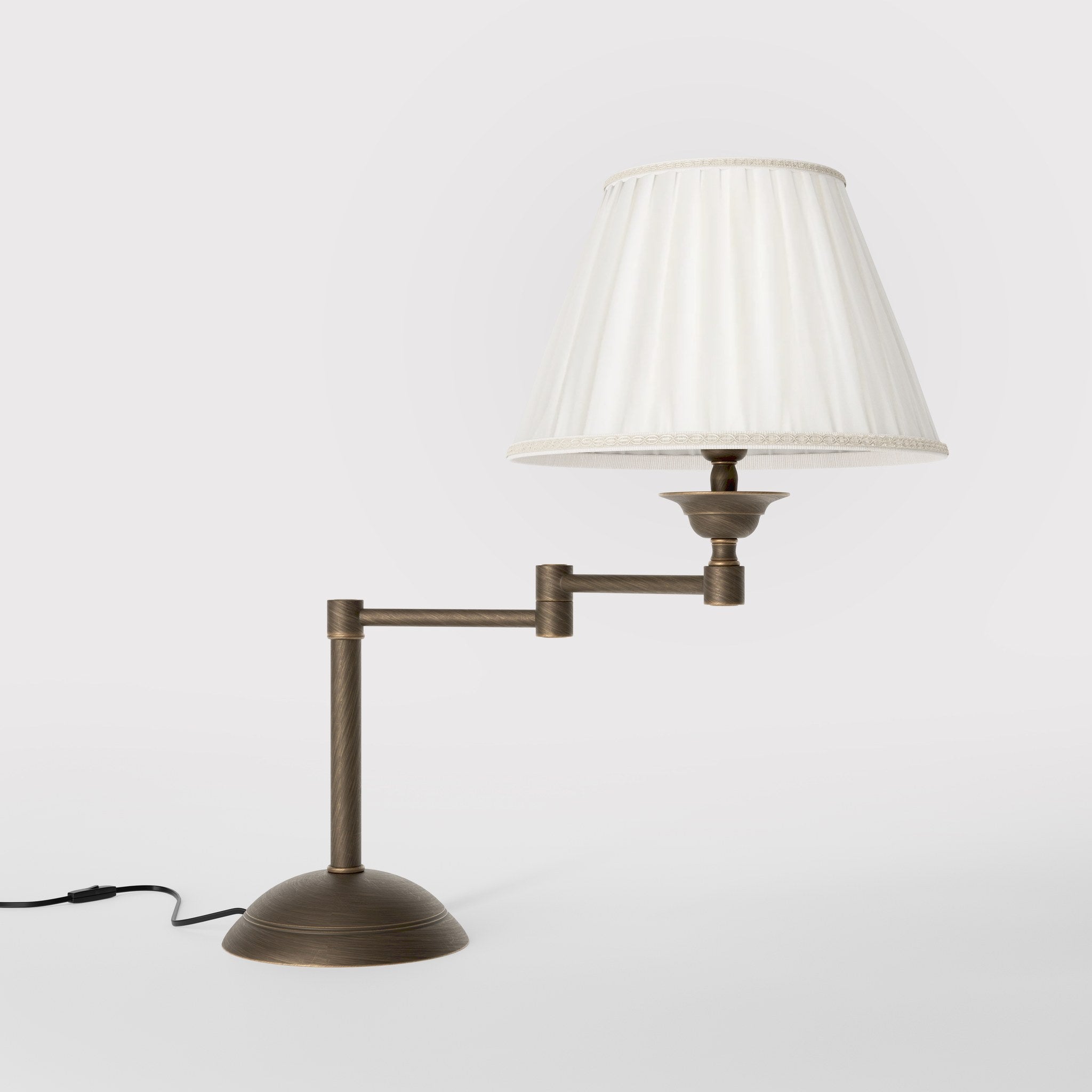 Table lamp with double adjustable arm, ivory pleated fabric shade and circular base - Finish: OBM Bronze Satin Matt Brass