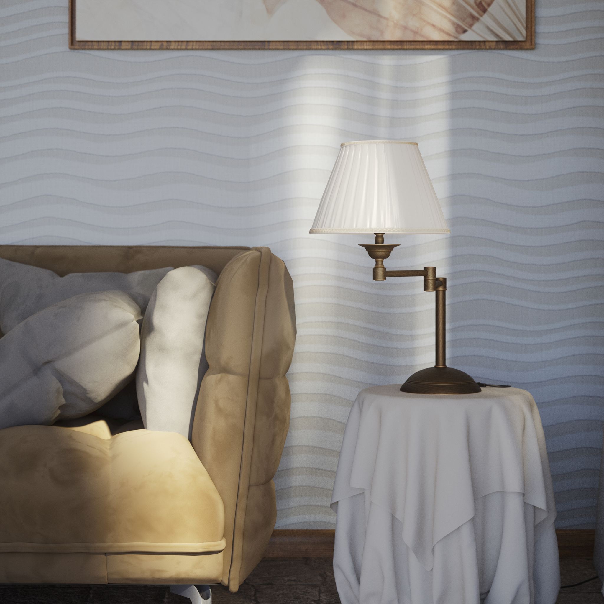 Table lamp with double adjustable arm, ivory pleated fabric shade and circular base - Finish: OBM Bronze Satin Matt Brass