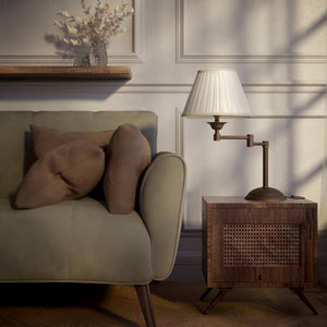 Table lamp with double adjustable arm, ivory pleated fabric shade and circular base - Finish: OBM Bronze Satin Matt Brass