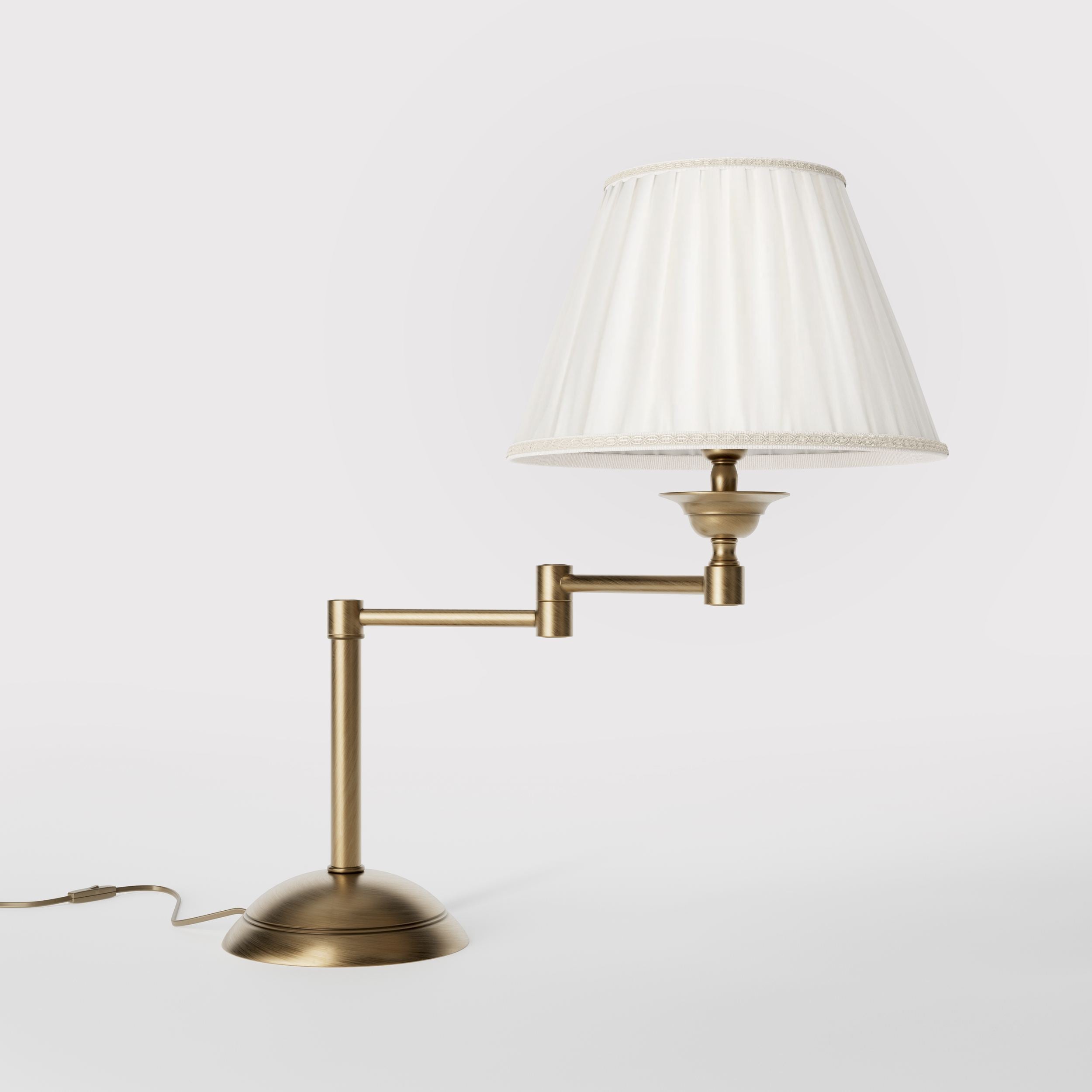 Table lamp with double adjustable arm, ivory pleated fabric shade and circular base - Finish: OBS Bronze Satin Brass