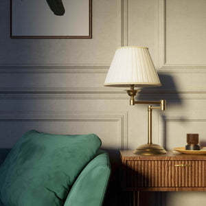 Table lamp with double adjustable arm, ivory pleated fabric shade and circular base - Finish: OBS Bronze Satin Brass