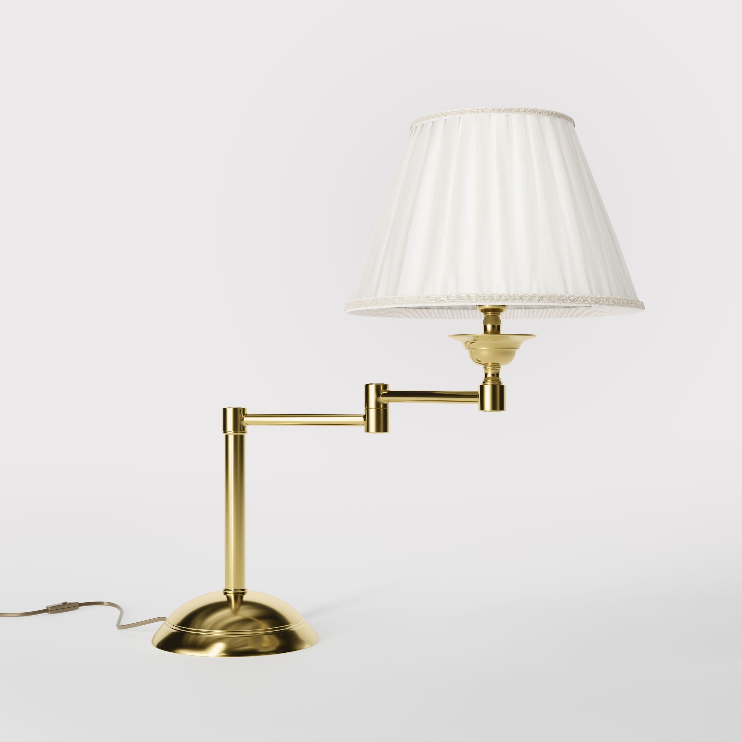 Table lamp with double adjustable arm, ivory pleated fabric shade and circular base - Finish: OLV Polished Brass