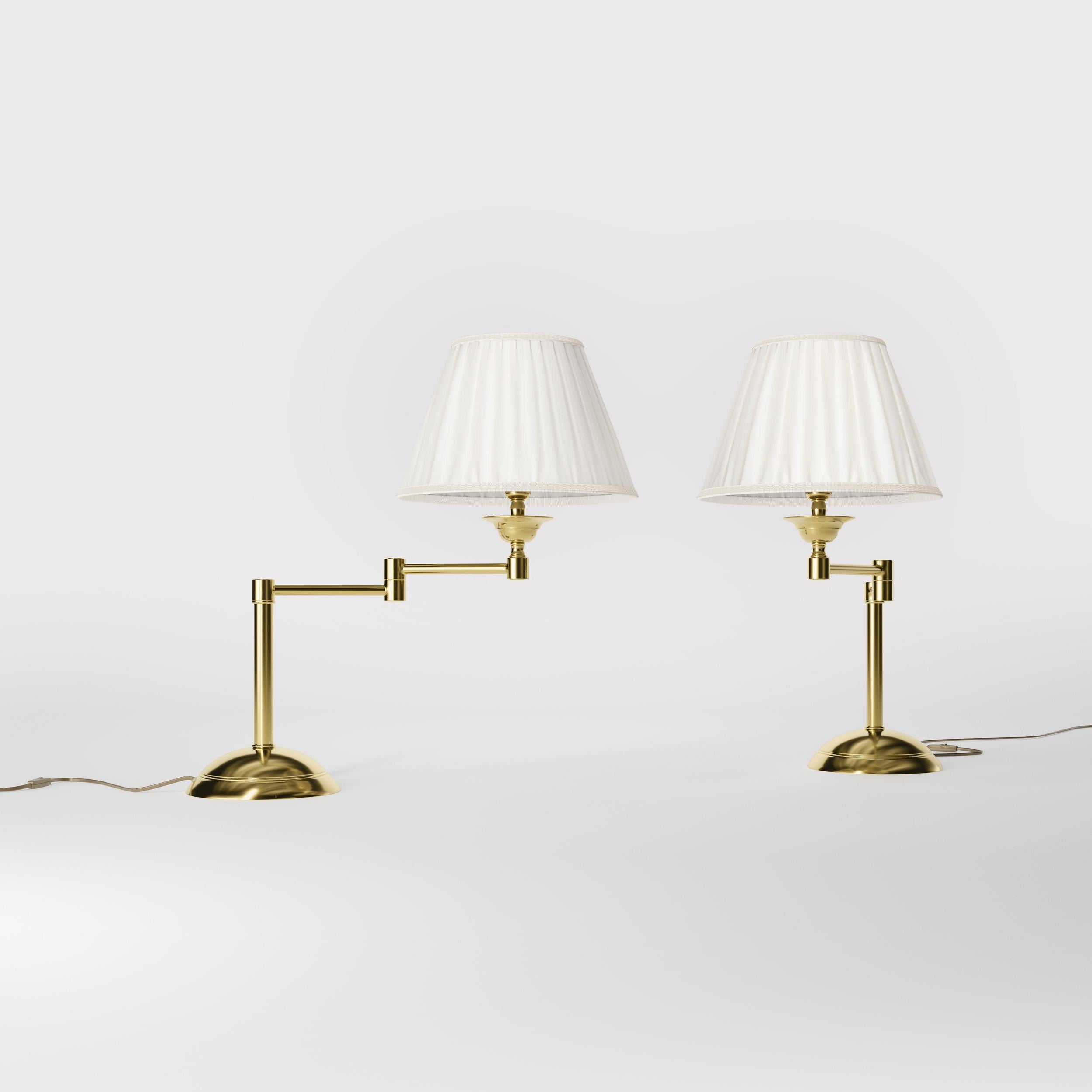 Table lamp with double adjustable arm, ivory pleated fabric shade and circular base - Finish: OLV Polished Brass