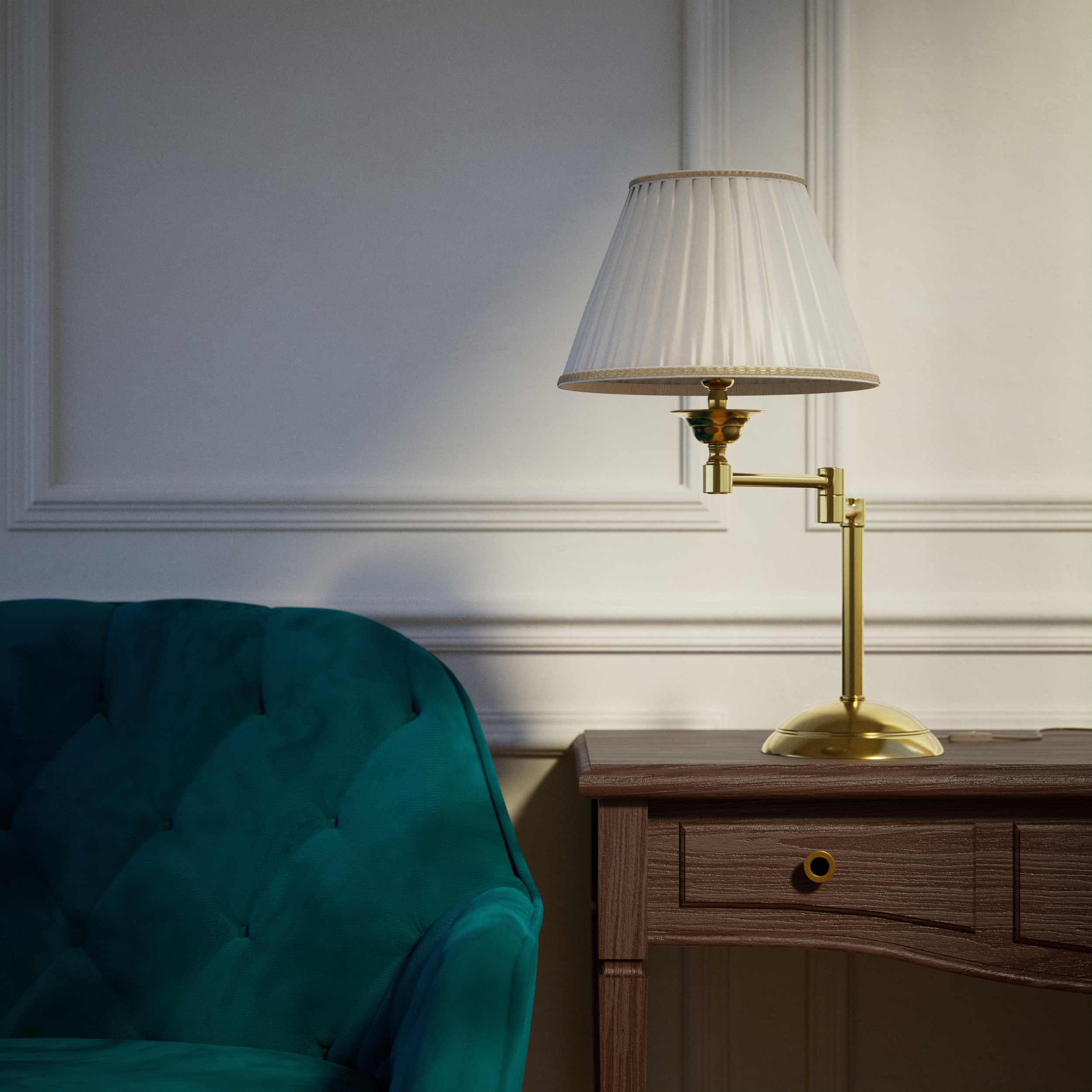 Table lamp with double adjustable arm, ivory pleated fabric shade and circular base - Finish: OLV Polished Brass