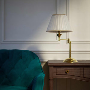 Table lamp with double adjustable arm, ivory pleated fabric shade and circular base - Finish: OLV Polished Brass