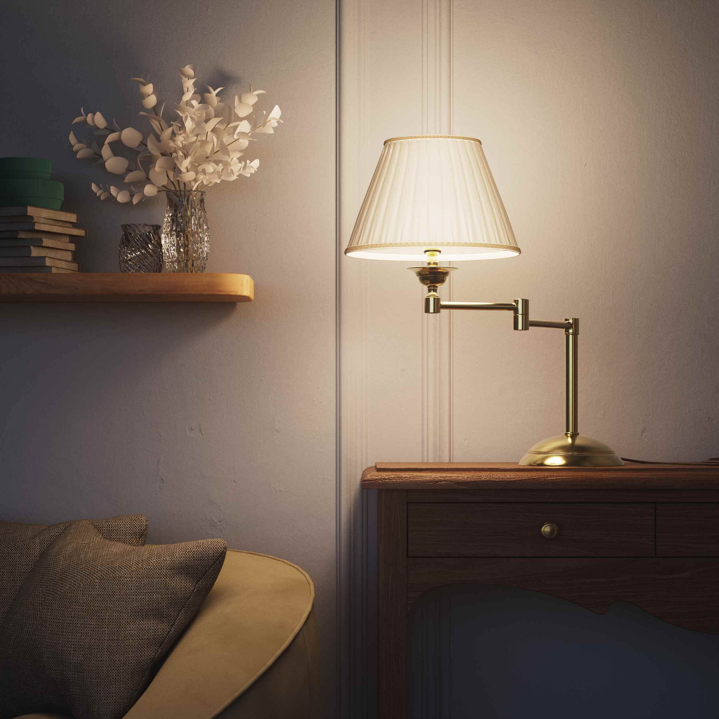 Table lamp with double adjustable arm, ivory pleated fabric shade and circular base - Finish: OLV Polished Brass