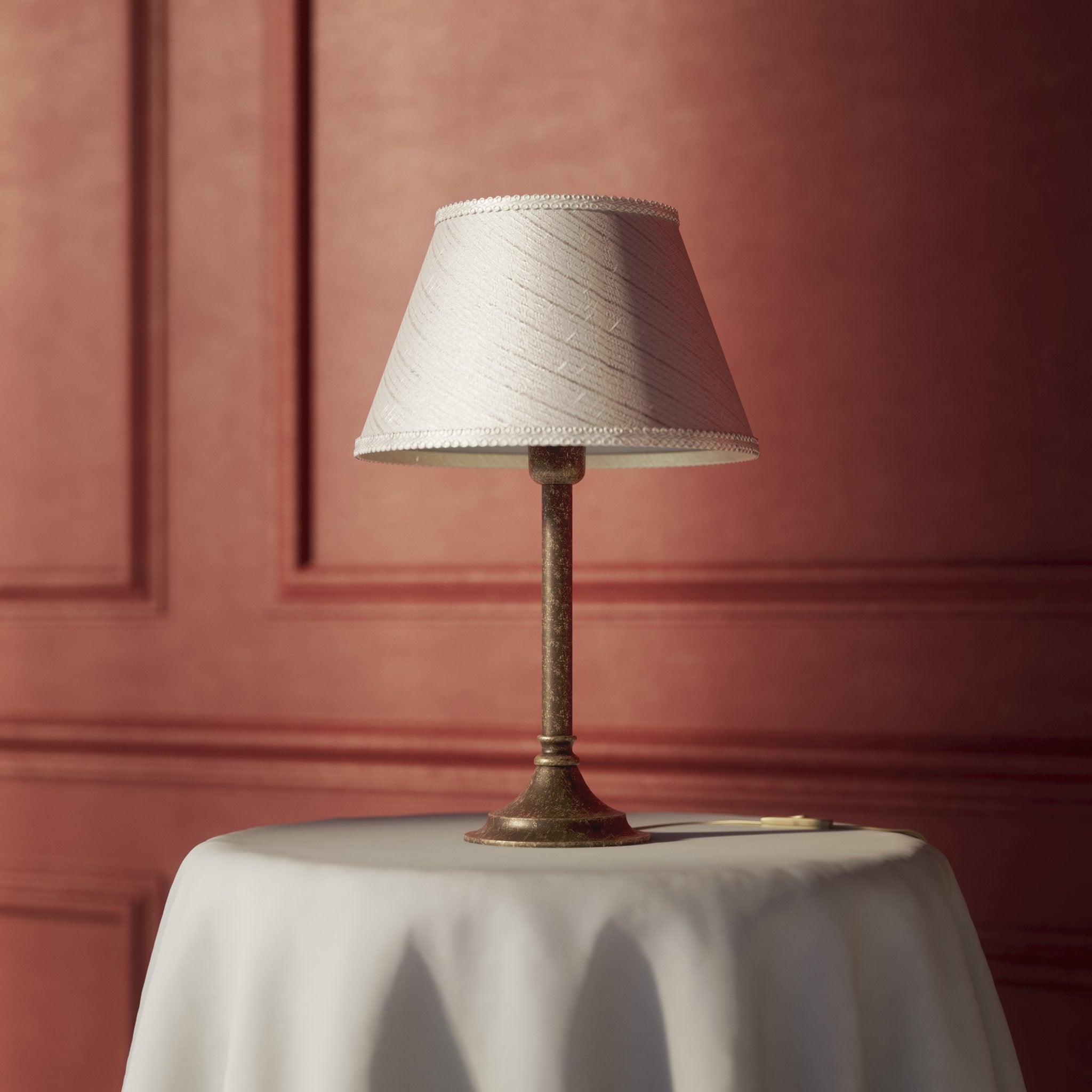 Brass table lamp with an ivory striped fabric shade, Made in Italy, timeless design by Ghidini 1849