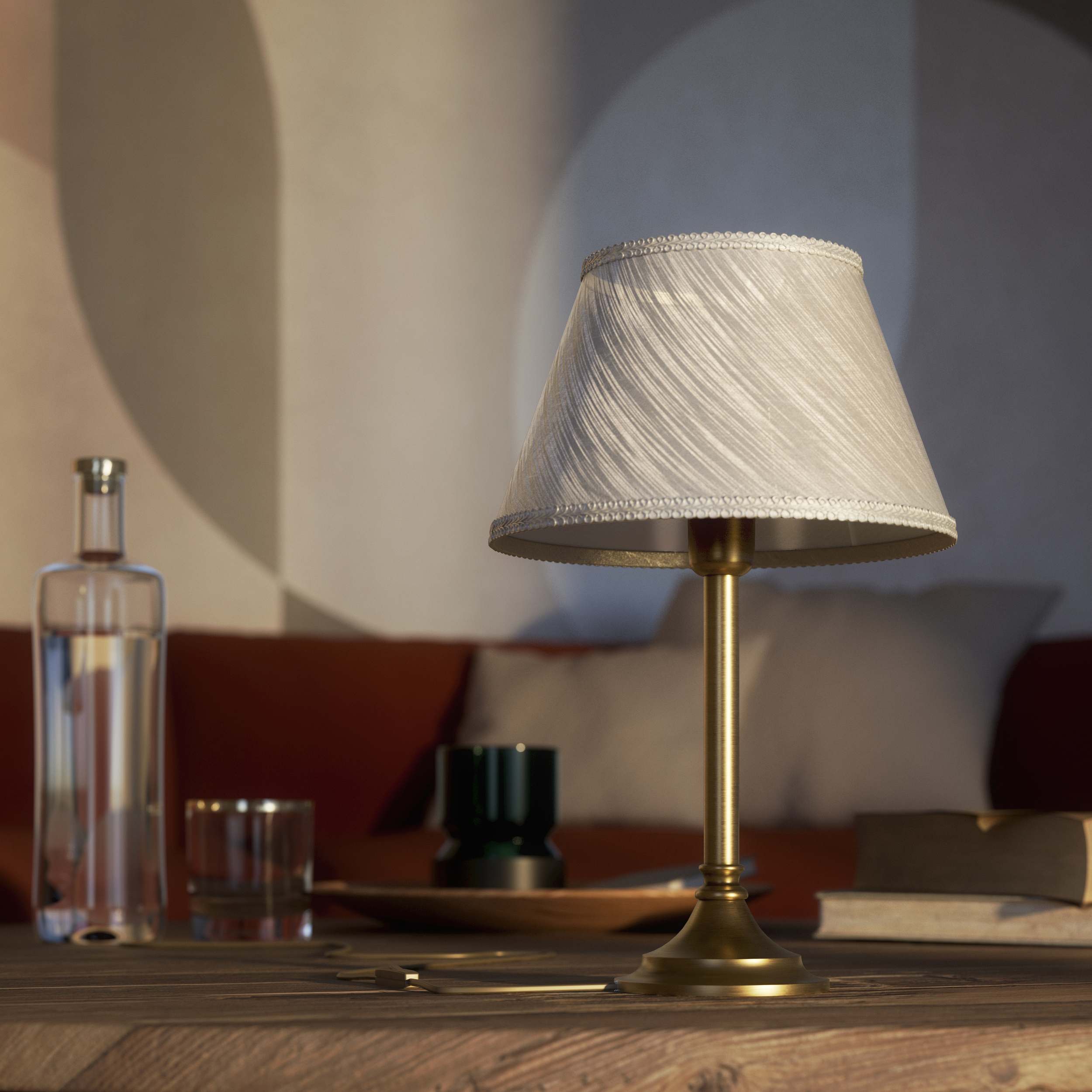 Brass table lamp with an ivory striped fabric shade, Made in Italy, timeless design by Ghidini 1849