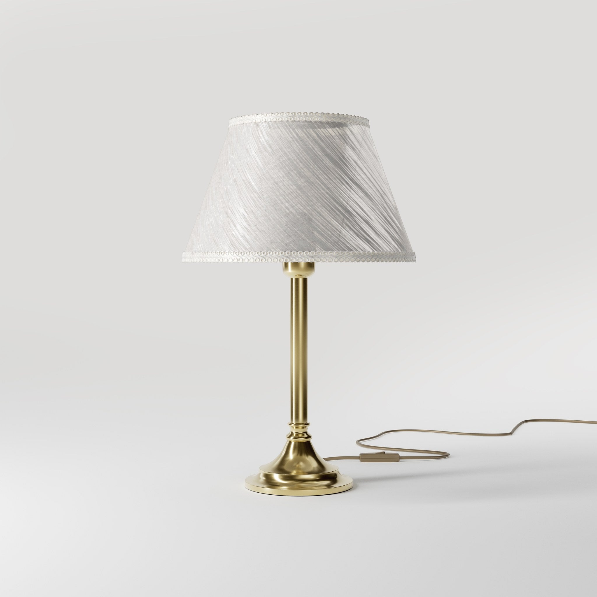 Brass table lamp with an ivory striped fabric shade, Made in Italy, timeless design by Ghidini 1849