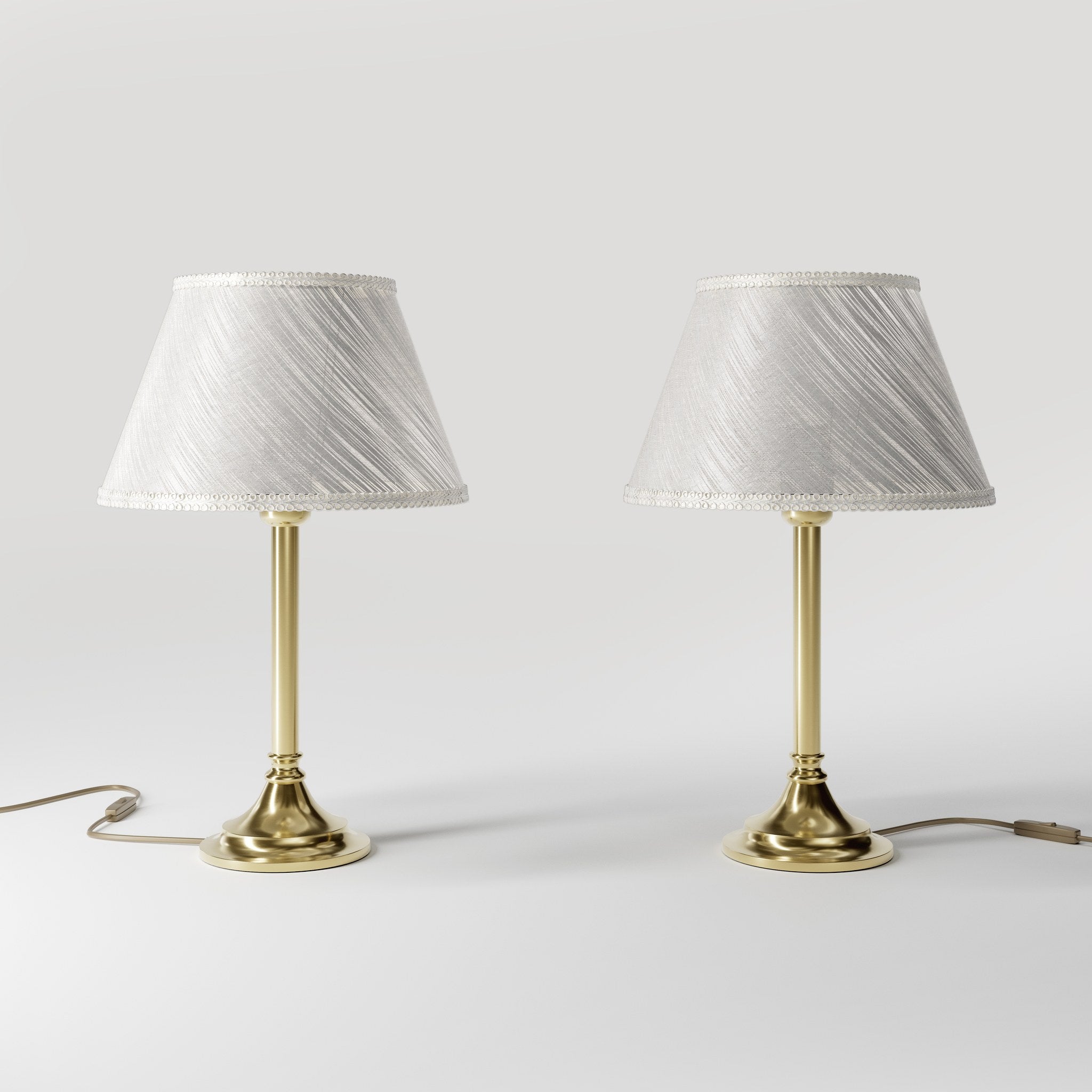 Brass table lamp with an ivory striped fabric shade, Made in Italy, timeless design by Ghidini 1849