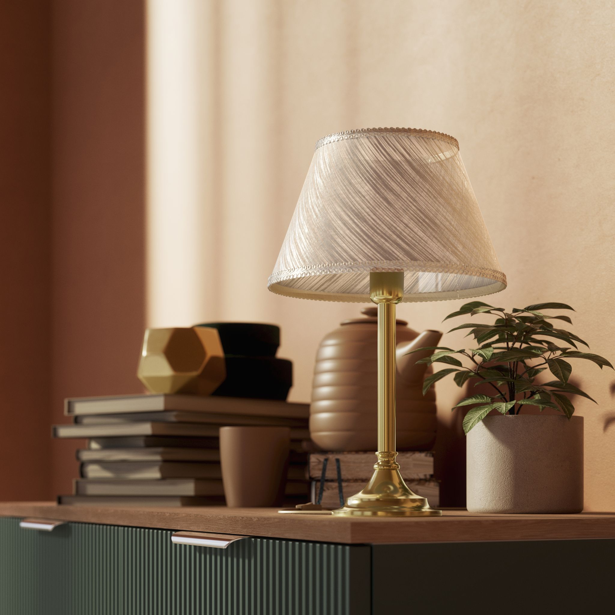 Brass table lamp with an ivory striped fabric shade, Made in Italy, timeless design by Ghidini 1849