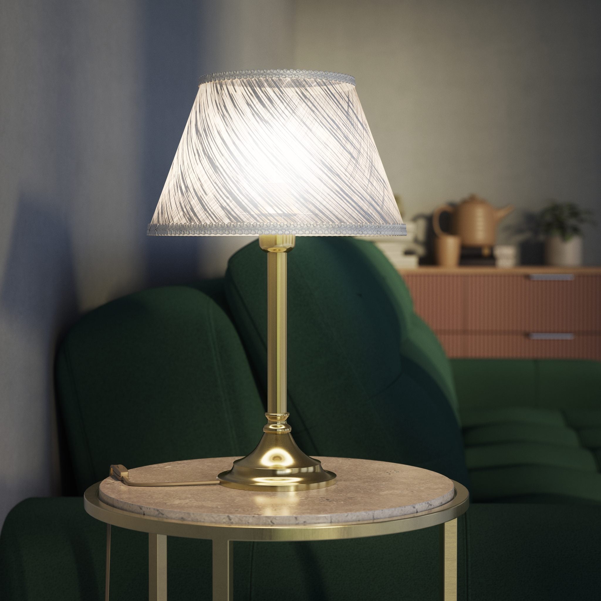 Brass table lamp with an ivory striped fabric shade, Made in Italy, timeless design by Ghidini 1849