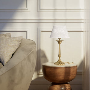 Classic brass table lamp with white fabric shade decorated with floral patterns, sculpted base with decorative elements by Ghidini 1849 - Finish: OBS Bronze Satin Brass