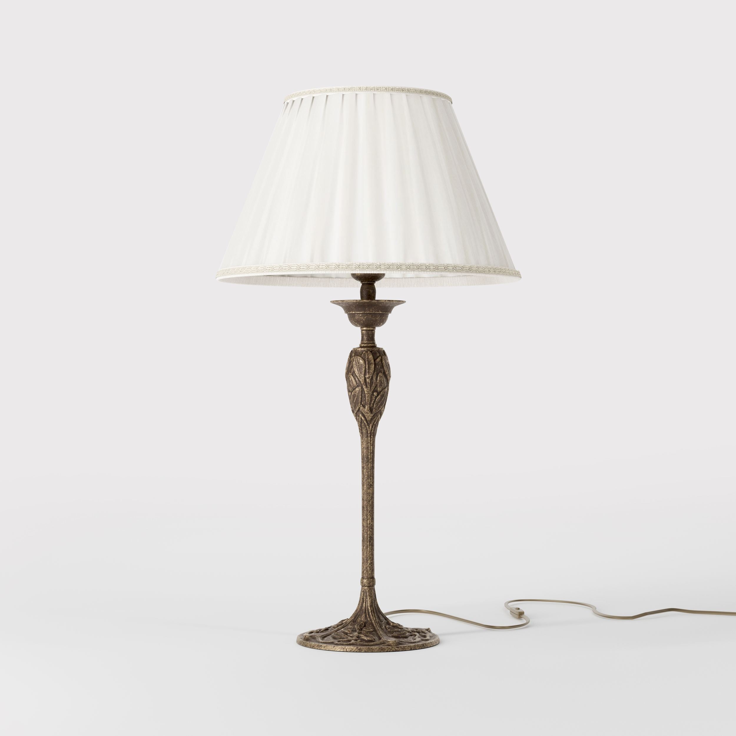 Liberty style table lamp Simona collection with decorated brass base featuring floral motifs and pleated ivory white fabric lampshade by Ghidini 1849 - Finish: OAS Antique Brass