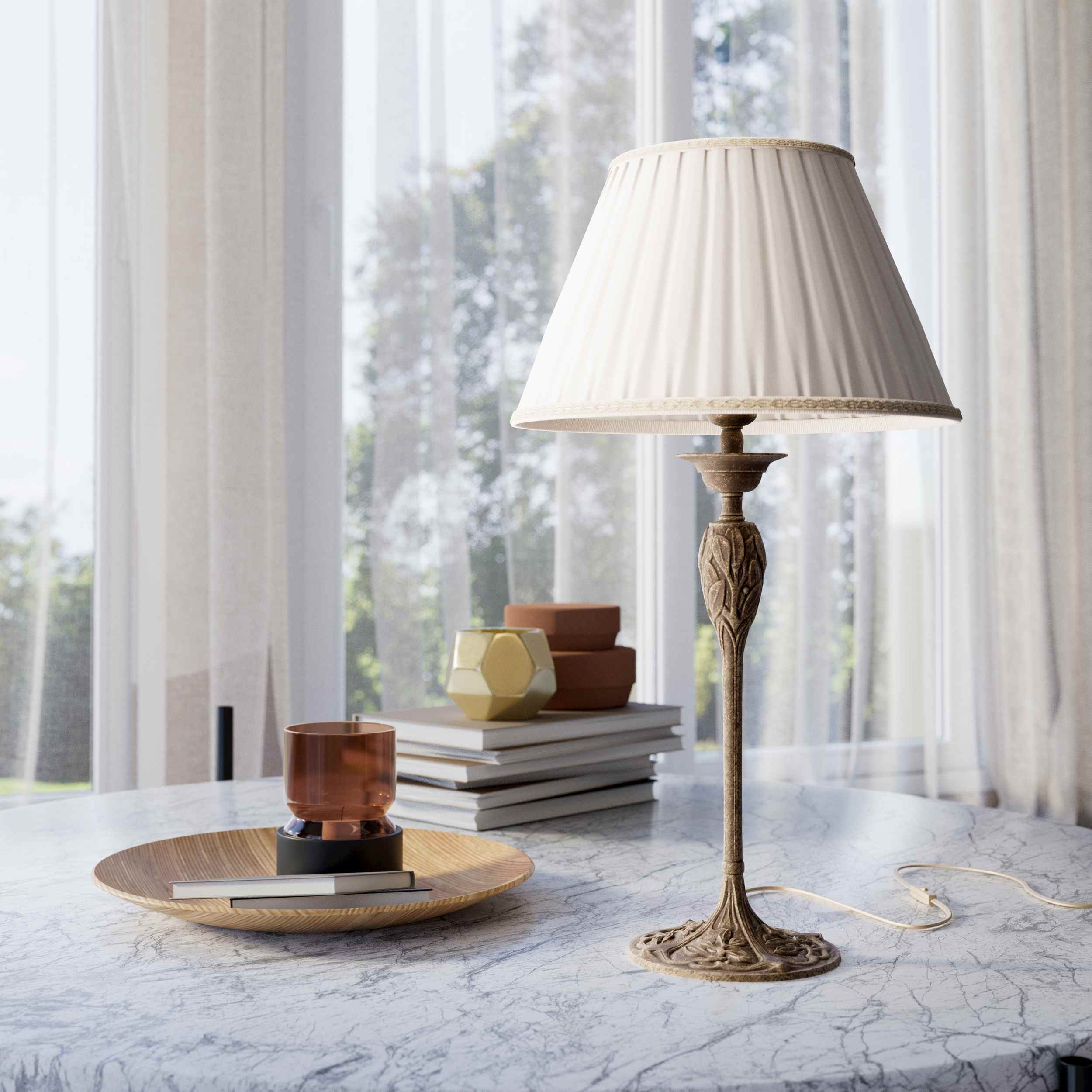 Liberty style table lamp Simona collection with decorated brass base featuring floral motifs and pleated ivory white fabric lampshade by Ghidini 1849 - Finish: OAS Antique Brass