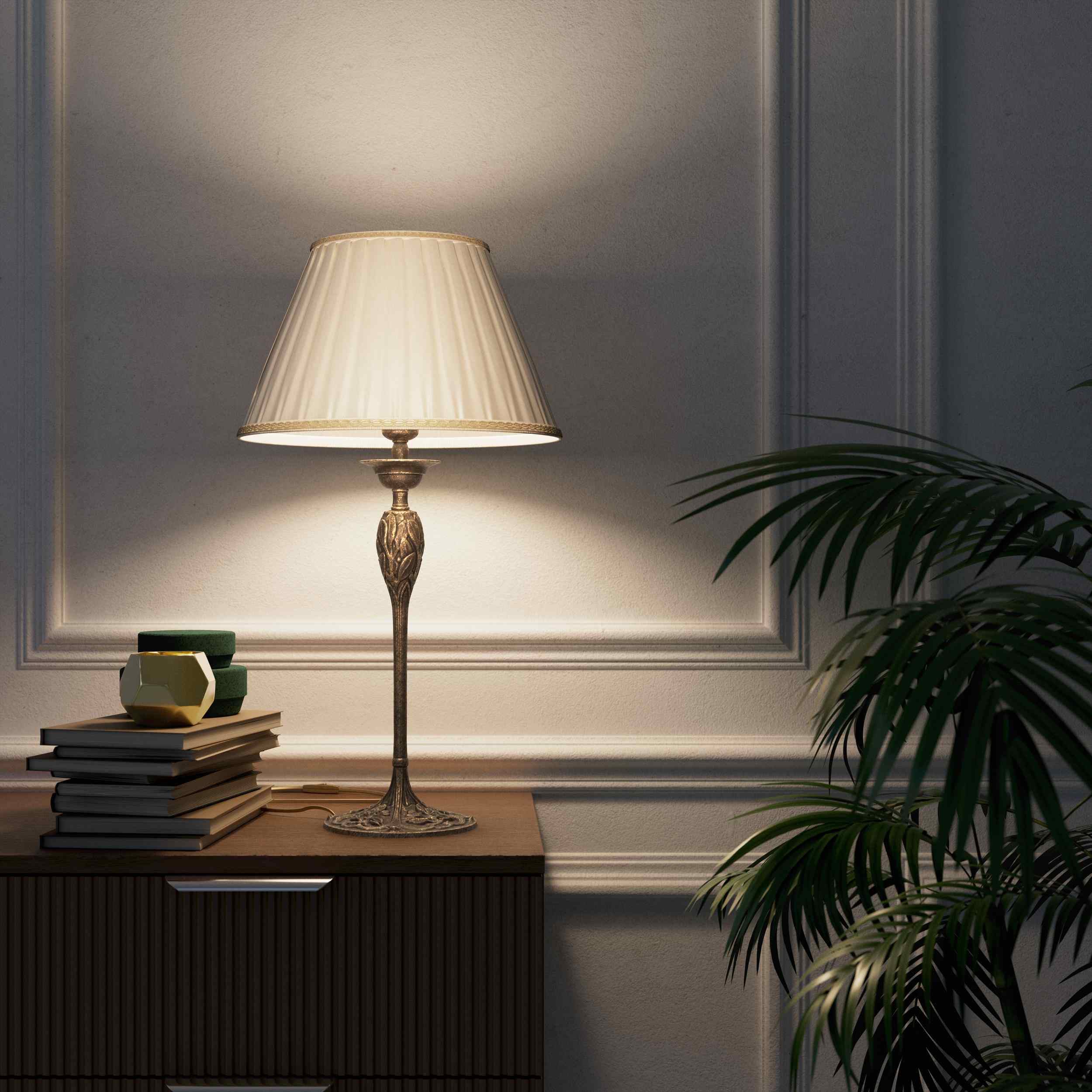 Liberty style table lamp Simona collection with decorated brass base featuring floral motifs and pleated ivory white fabric lampshade by Ghidini 1849 - Finish: OAS Antique Brass