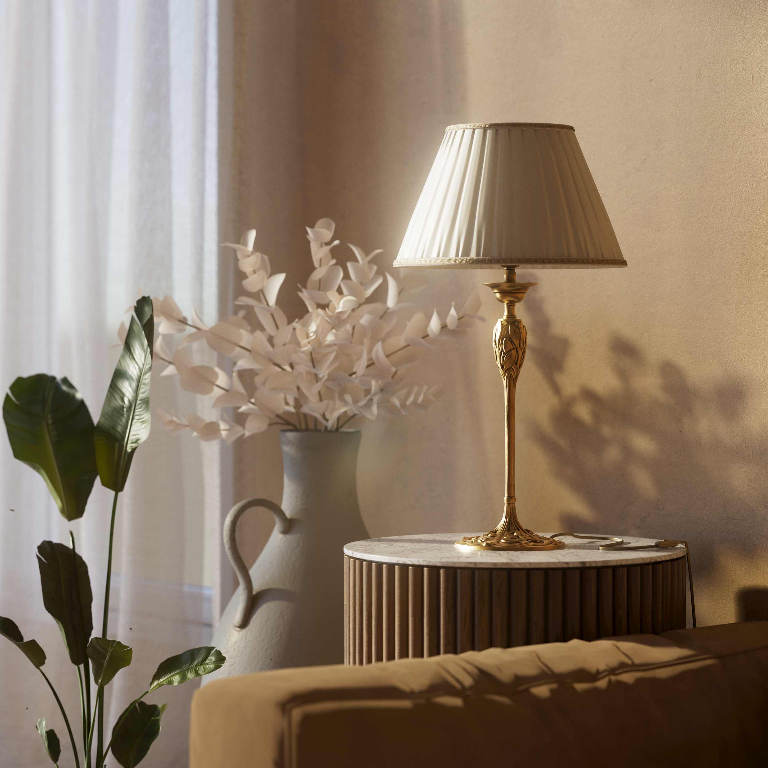Liberty style table lamp Simona collection with decorated brass base featuring floral motifs and pleated ivory white fabric lampshade by Ghidini 1849 - Finish: OBS Bronze Satin Brass