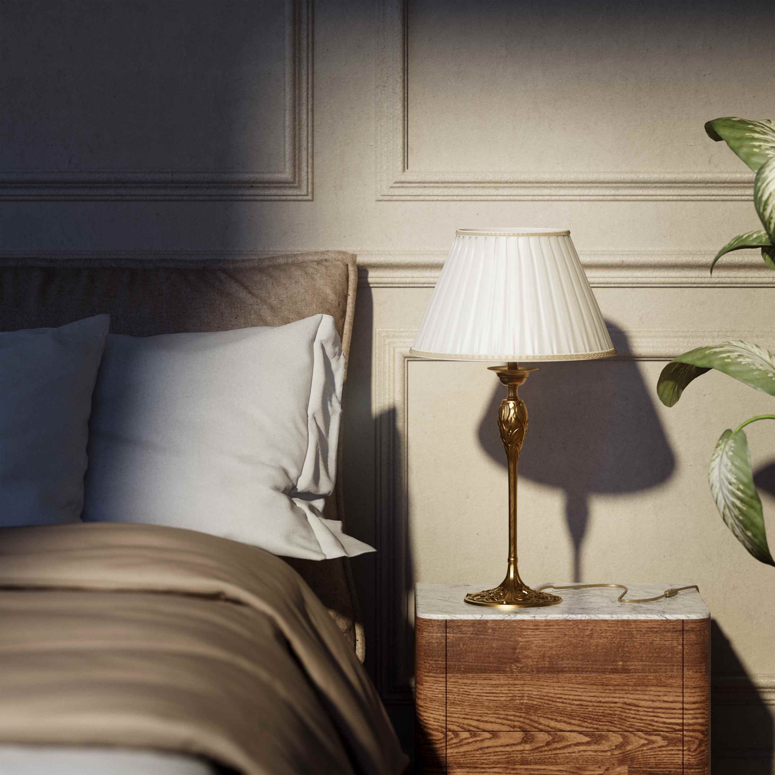 Liberty style table lamp Simona collection with decorated brass base featuring floral motifs and pleated ivory white fabric lampshade by Ghidini 1849 - Finish: OBS Bronze Satin Brass