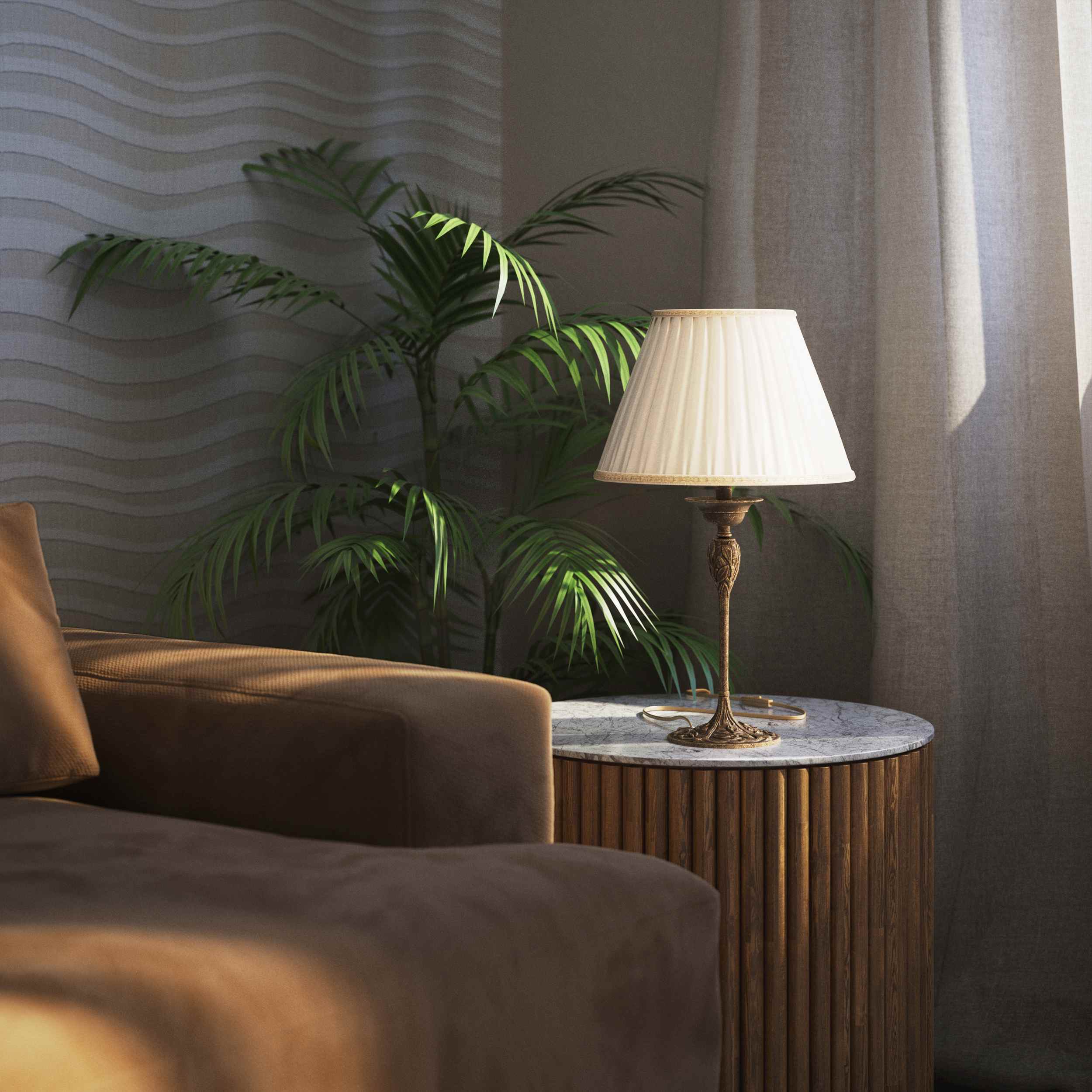 Art Nouveau table lamp Simona collection with decorated brass base featuring floral motifs and pleated ivory white fabric lampshade by Ghidini 1849 - Finish: OAS Antique Brass