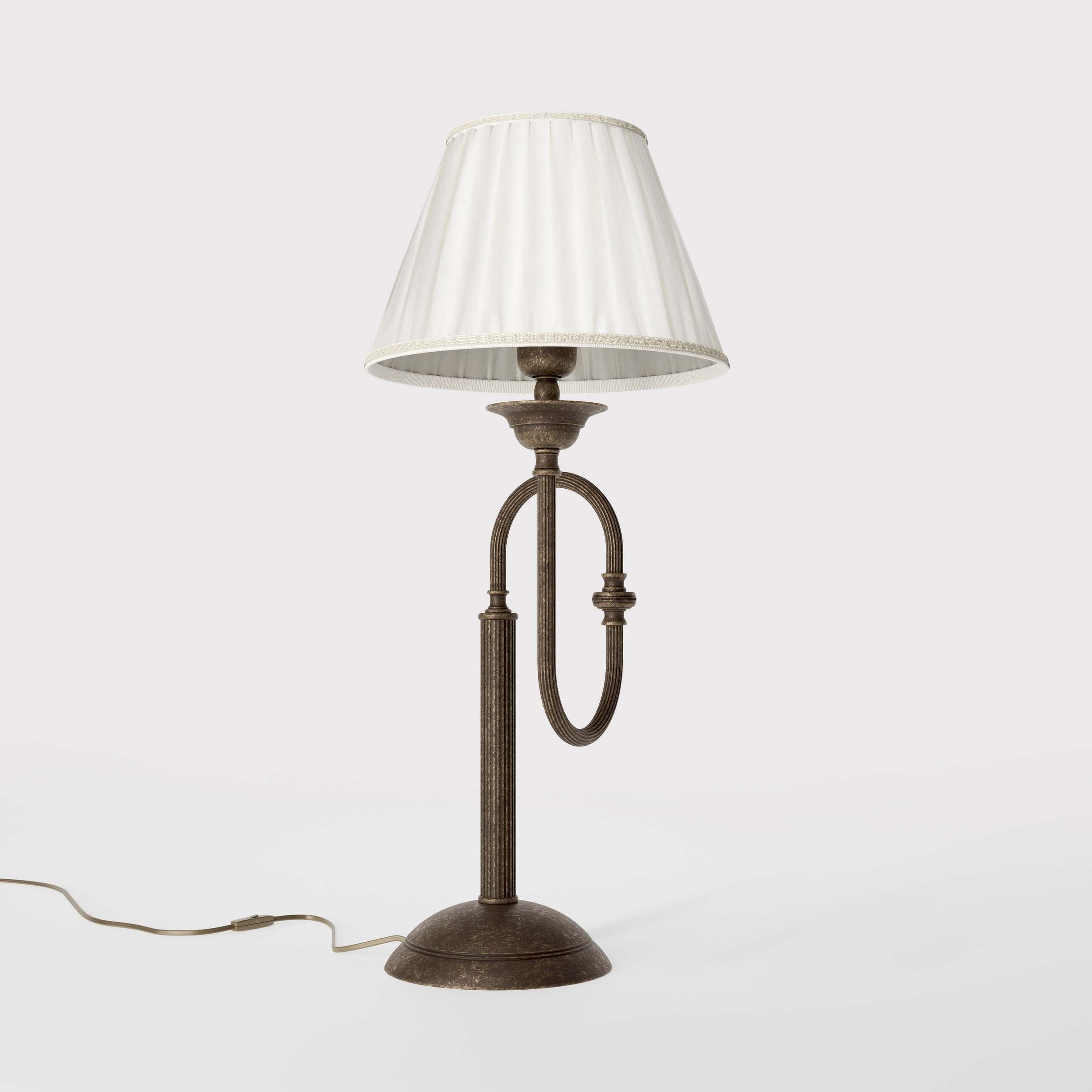 Brass table lamp with trombone-style design, ivory pleated shade, adjustable arm and decorated base, musical design Made in Italy by Ghidini 1849 - Finish: OAS Antique Brass