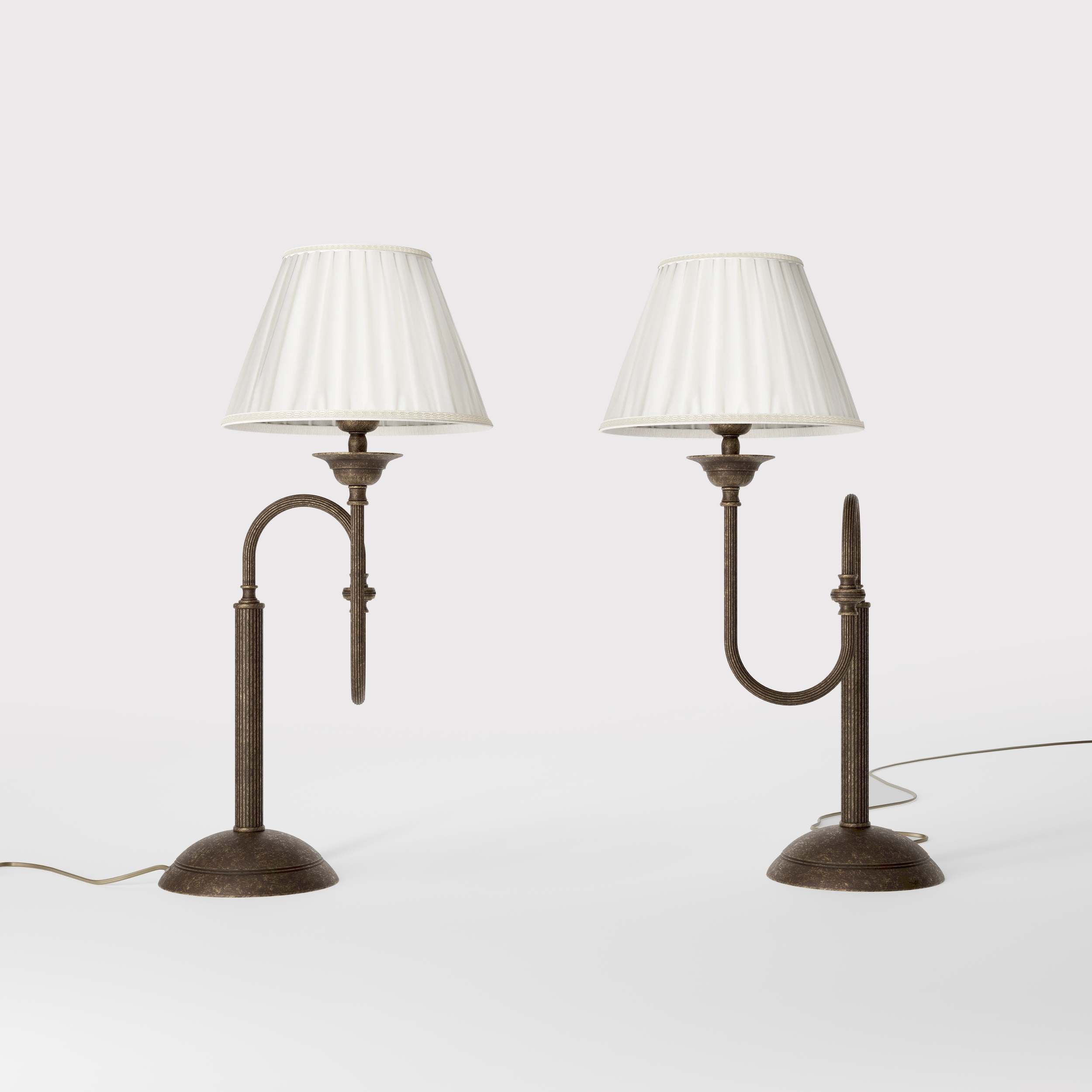 Brass table lamp with trombone-style design, ivory pleated shade, adjustable arm and decorated base, musical design Made in Italy by Ghidini 1849 - Finish: OAS Antique Brass