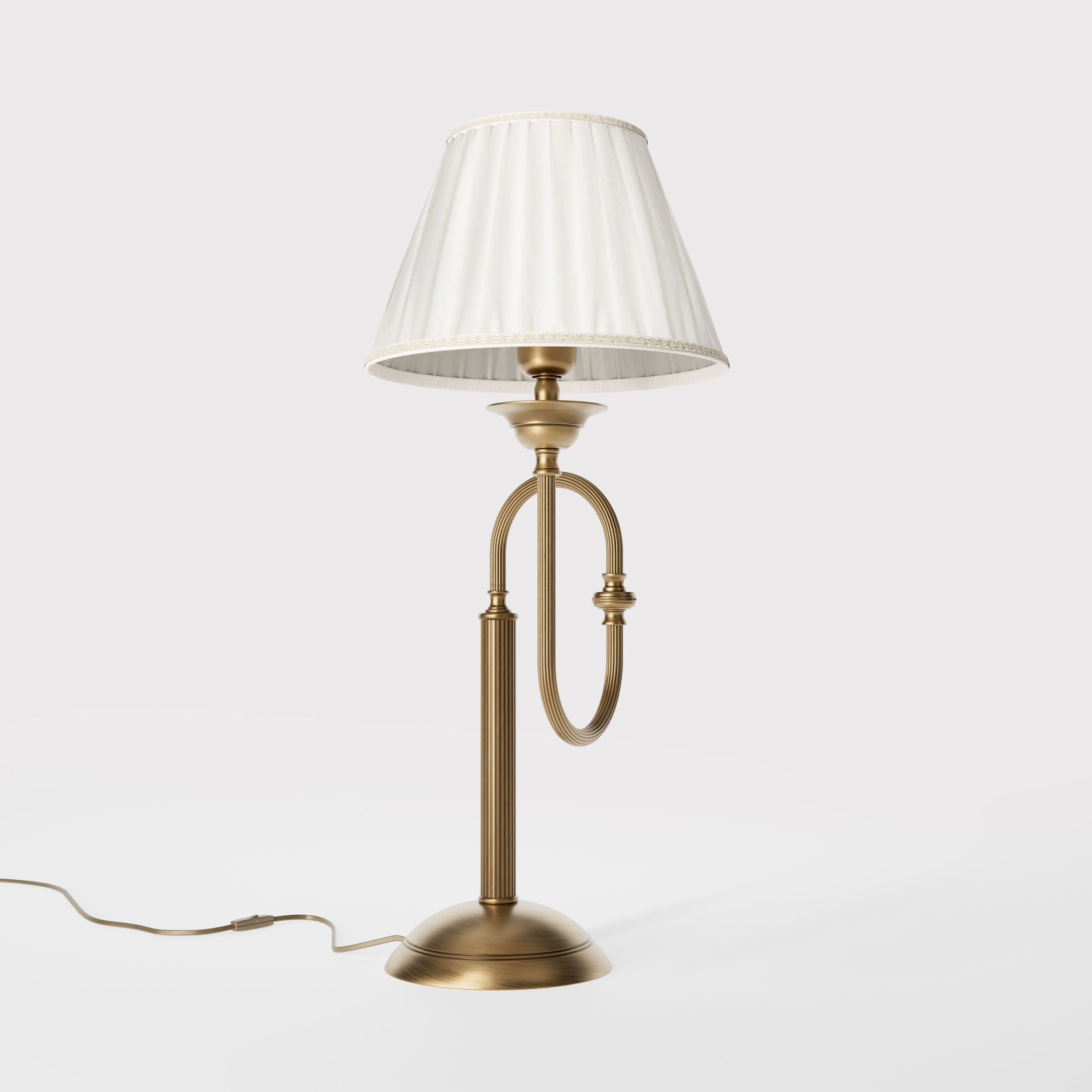 Brass table lamp with trombone-style design, ivory pleated shade, adjustable arm and decorated base, musical design Made in Italy by Ghidini 1849 - Finish: OBS Bronze Satin Brass