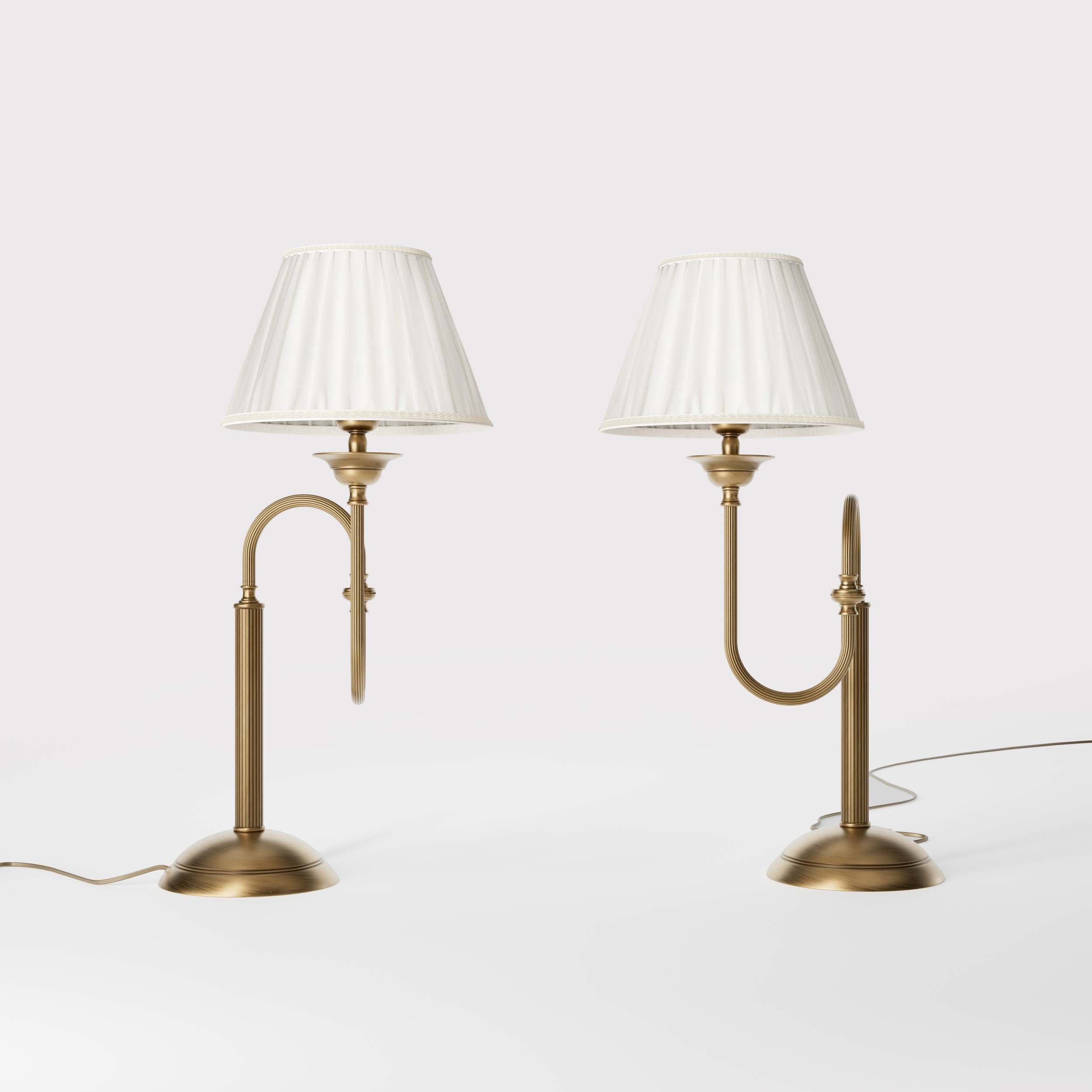 Brass table lamp with trombone-style design, ivory pleated shade, adjustable arm and decorated base, musical design Made in Italy by Ghidini 1849 - Finish: OBS Bronze Satin Brass