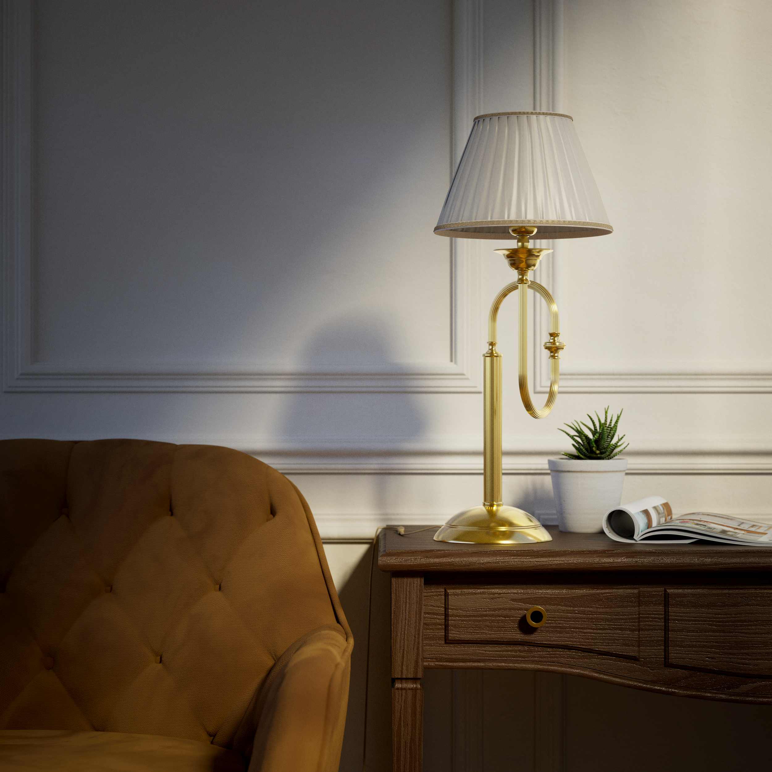 Brass table lamp with trombone-style design, ivory pleated shade, adjustable arm and decorated base, musical design Made in Italy by Ghidini 1849 - Finish: OLV Polished Brass