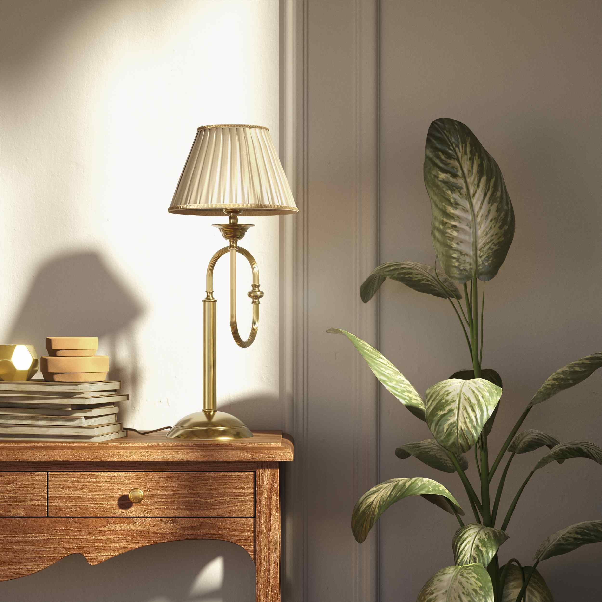 Brass table lamp with trombone-style design, ivory pleated shade, adjustable arm and decorated base, musical design Made in Italy by Ghidini 1849 - Finish: OLV Polished Brass