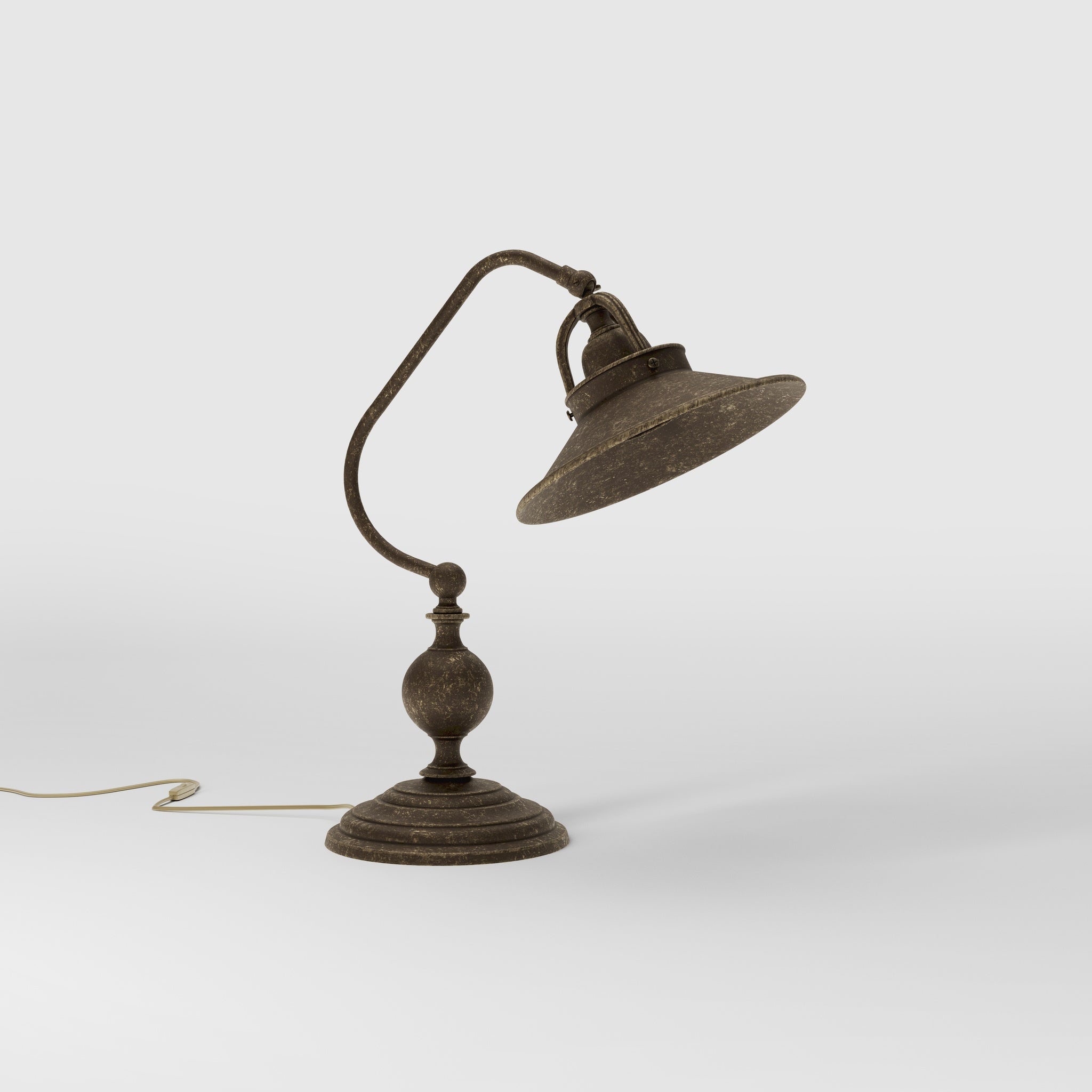 Rustic brass table lamp with curved arm and adjustable joint stepped turned base traditional conical shade by Ghidini 1849 - Finish: OAS Antique Brass