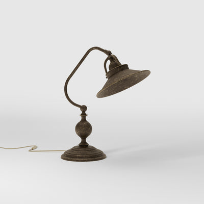 Rustic brass table lamp with curved arm and adjustable joint stepped turned base traditional conical shade by Ghidini 1849 - Finish: OAS Antique Brass