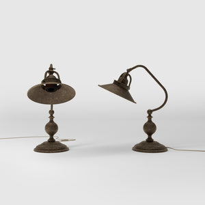 Rustic brass table lamp with curved arm and adjustable joint stepped turned base traditional conical shade by Ghidini 1849 - Finish: OAS Antique Brass