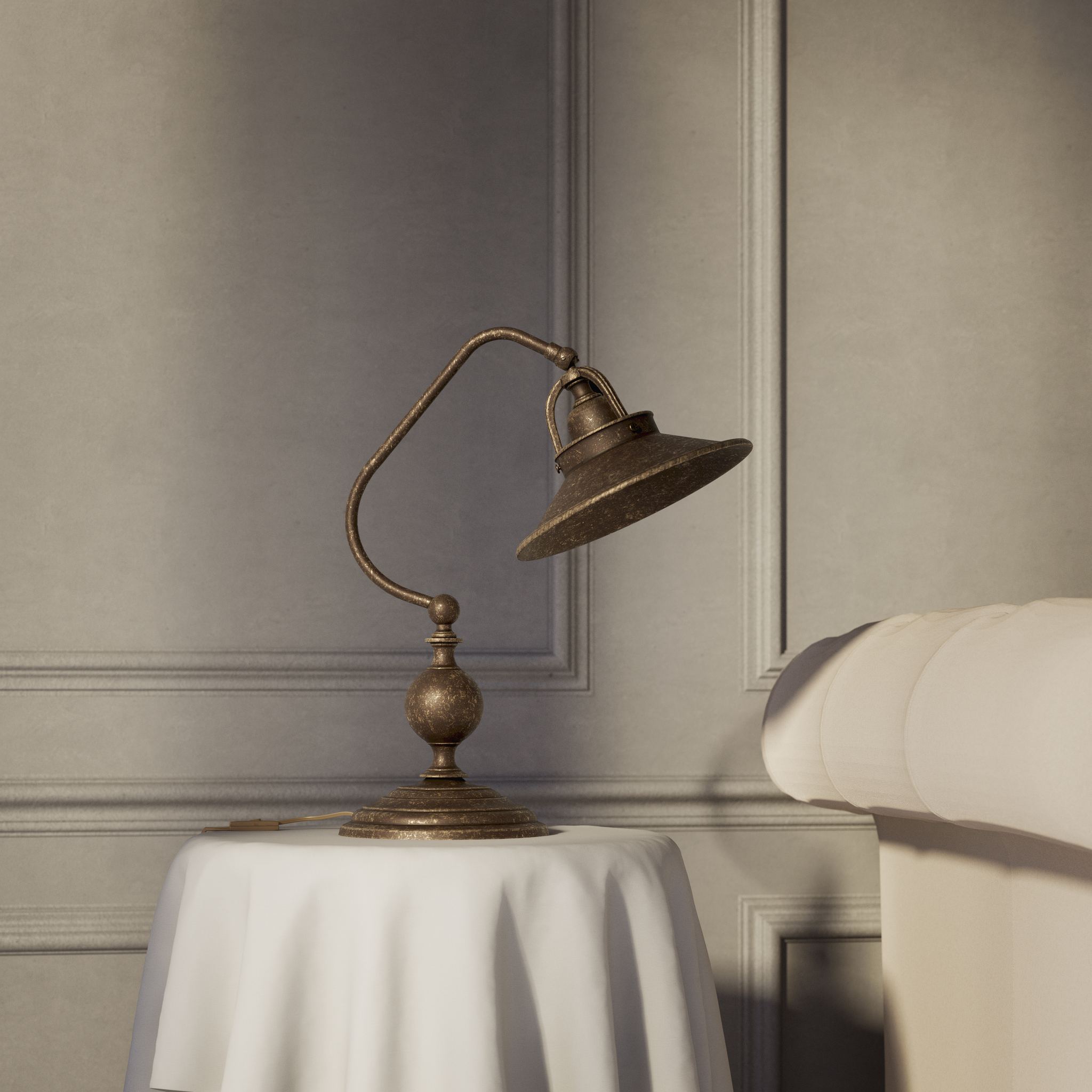 Rustic brass table lamp with curved arm and adjustable joint stepped turned base traditional conical shade by Ghidini 1849 - Finish: OAS Antique Brass