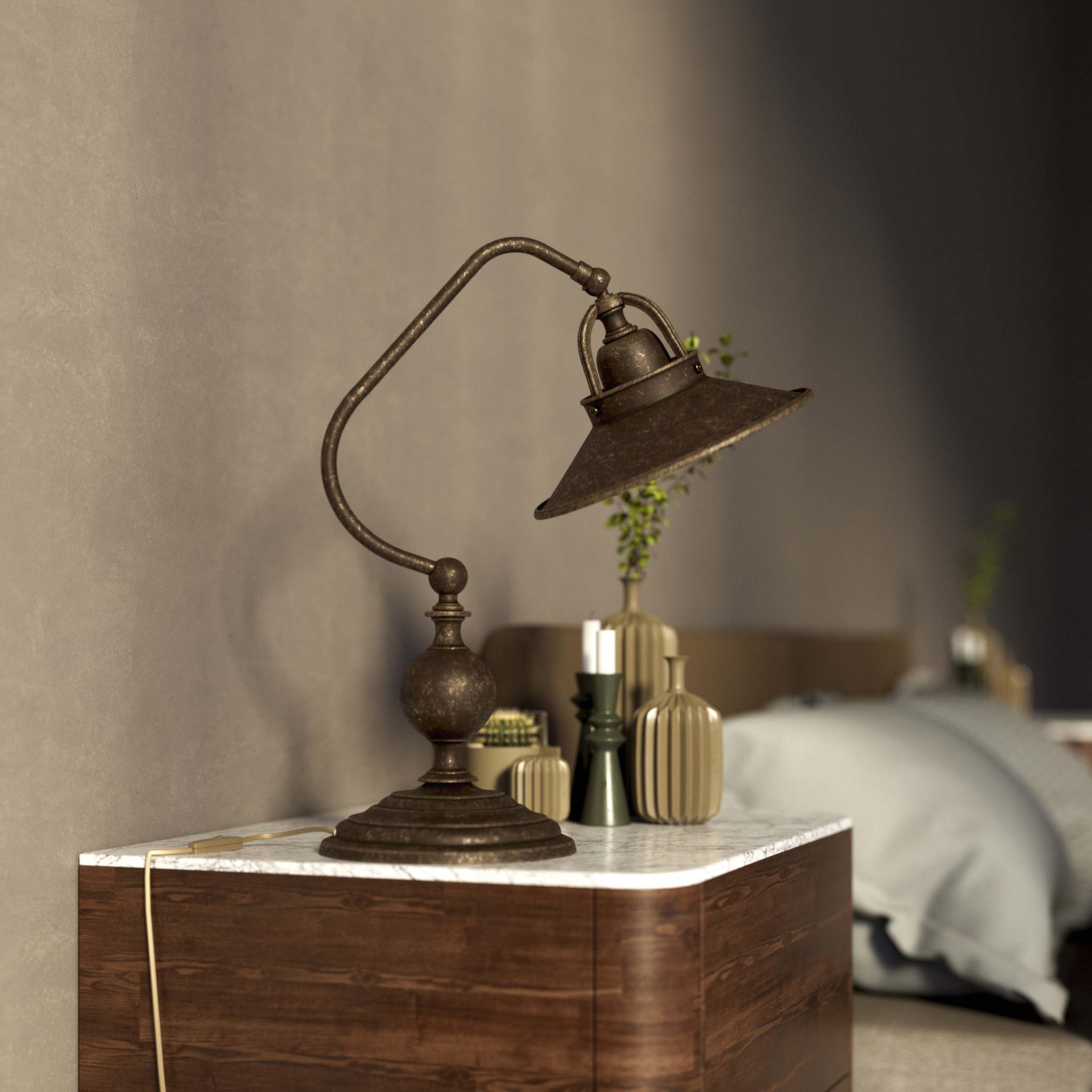 Rustic brass table lamp with curved arm and adjustable joint stepped turned base traditional conical shade by Ghidini 1849 - Finish: OAS Antique Brass