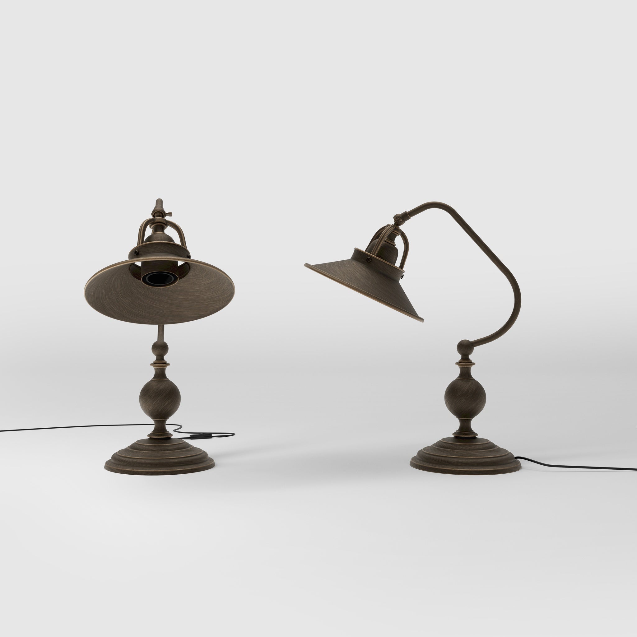Rustic brass table lamp with curved arm and adjustable joint stepped turned base traditional conical shade by Ghidini 1849 - Finish: OBM Bronze Satin Matt Brass