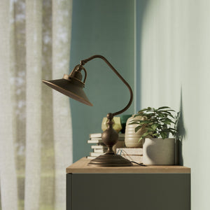 Rustic brass table lamp with curved arm and adjustable joint stepped turned base traditional conical shade by Ghidini 1849 - Finish: OBM Bronze Satin Matt Brass
