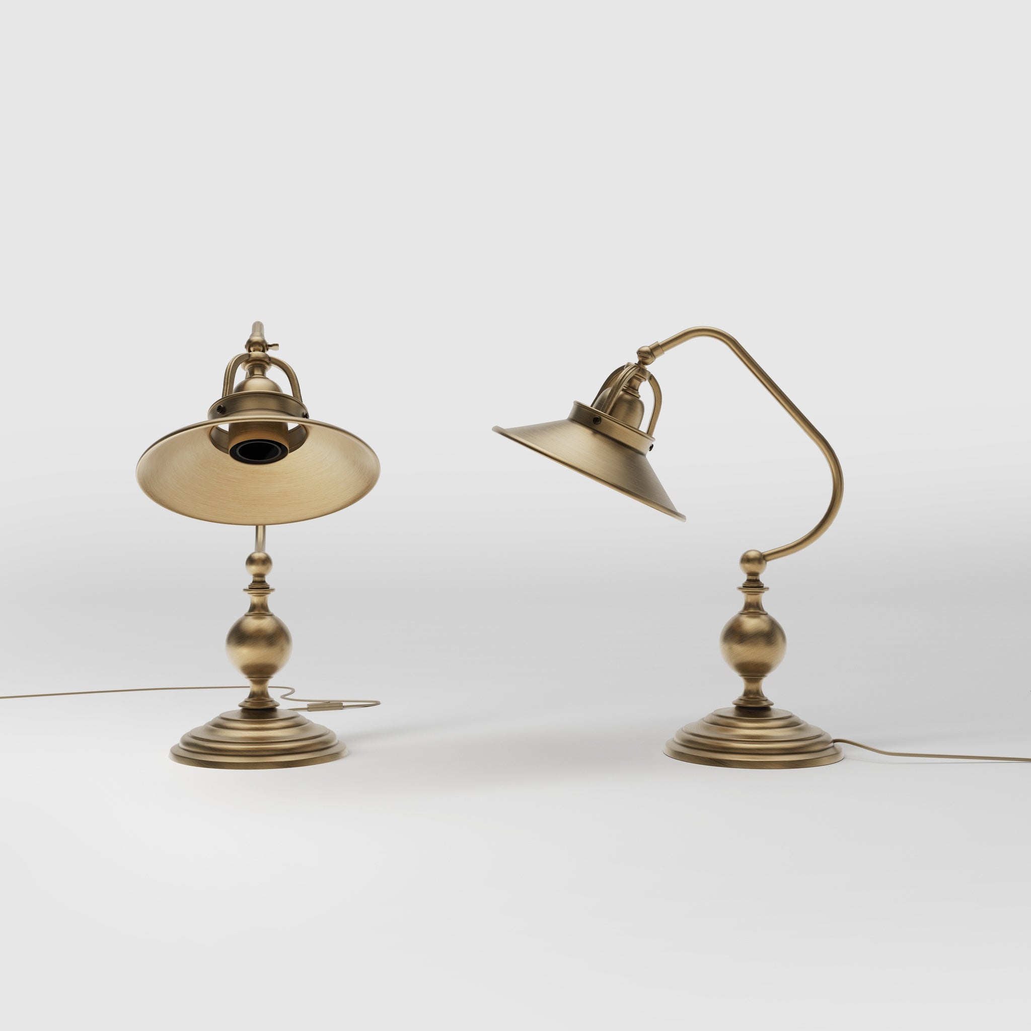 Rustic brass table lamp with curved arm and adjustable joint stepped turned base traditional conical shade by Ghidini 1849 - Finish: OBS Bronze Satin Brass