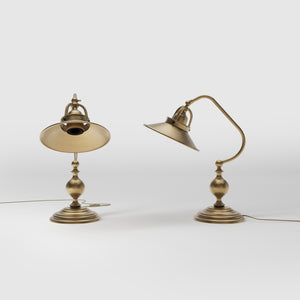 Rustic brass table lamp with curved arm and adjustable joint stepped turned base traditional conical shade by Ghidini 1849 - Finish: OBS Bronze Satin Brass