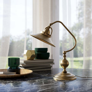 Rustic brass table lamp with curved arm and adjustable joint stepped turned base traditional conical shade by Ghidini 1849 - Finish: OBS Bronze Satin Brass
