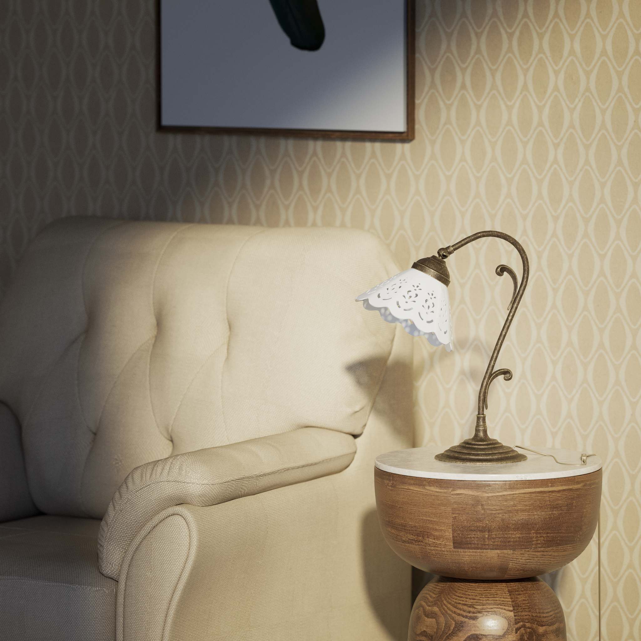 Art Nouveau table lamp with white pierced ceramic shade and decorative curved adjustable brass arm structure by Ghidini 1849 - Finish: OAS Antique Brass