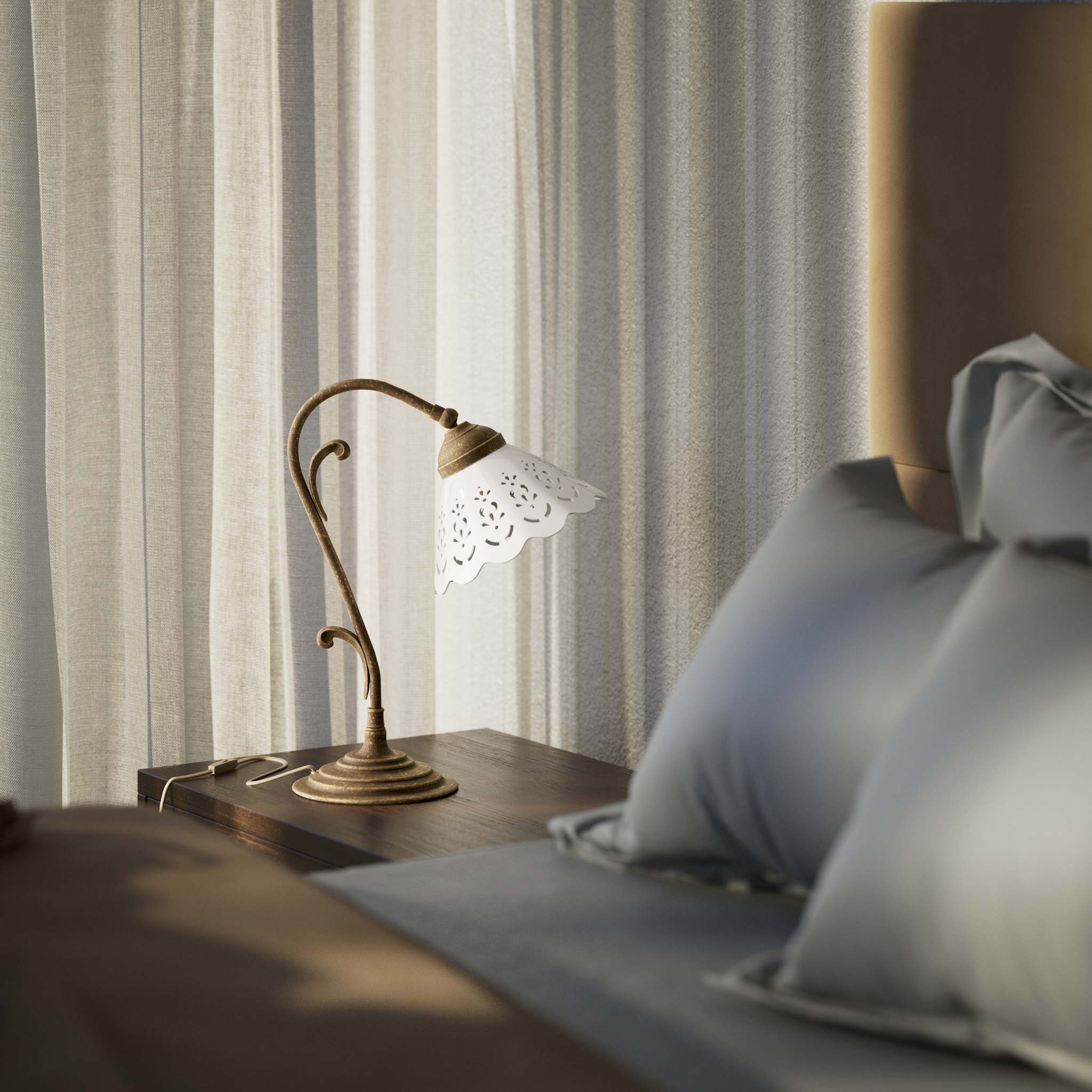 Art Nouveau table lamp with white pierced ceramic shade and decorative curved adjustable brass arm structure by Ghidini 1849 - Finish: OAS Antique Brass