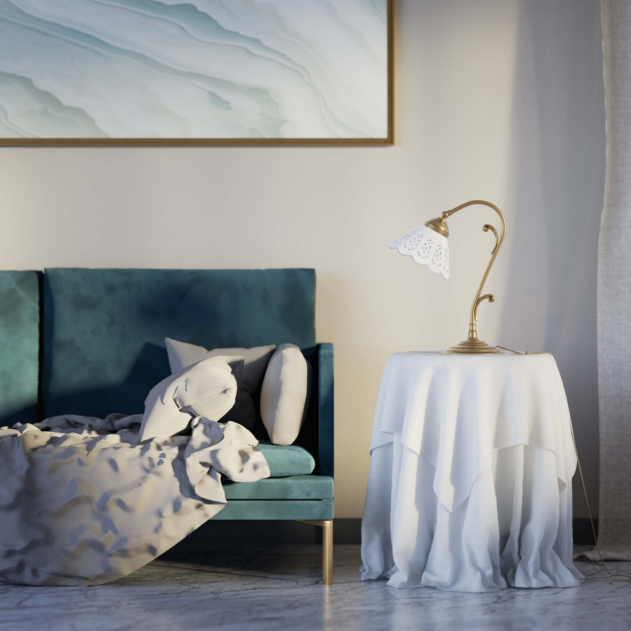 Art Nouveau table lamp with white pierced ceramic shade and decorative curved adjustable brass arm structure by Ghidini 1849 - Finish: OBS Bronze Satin Brass