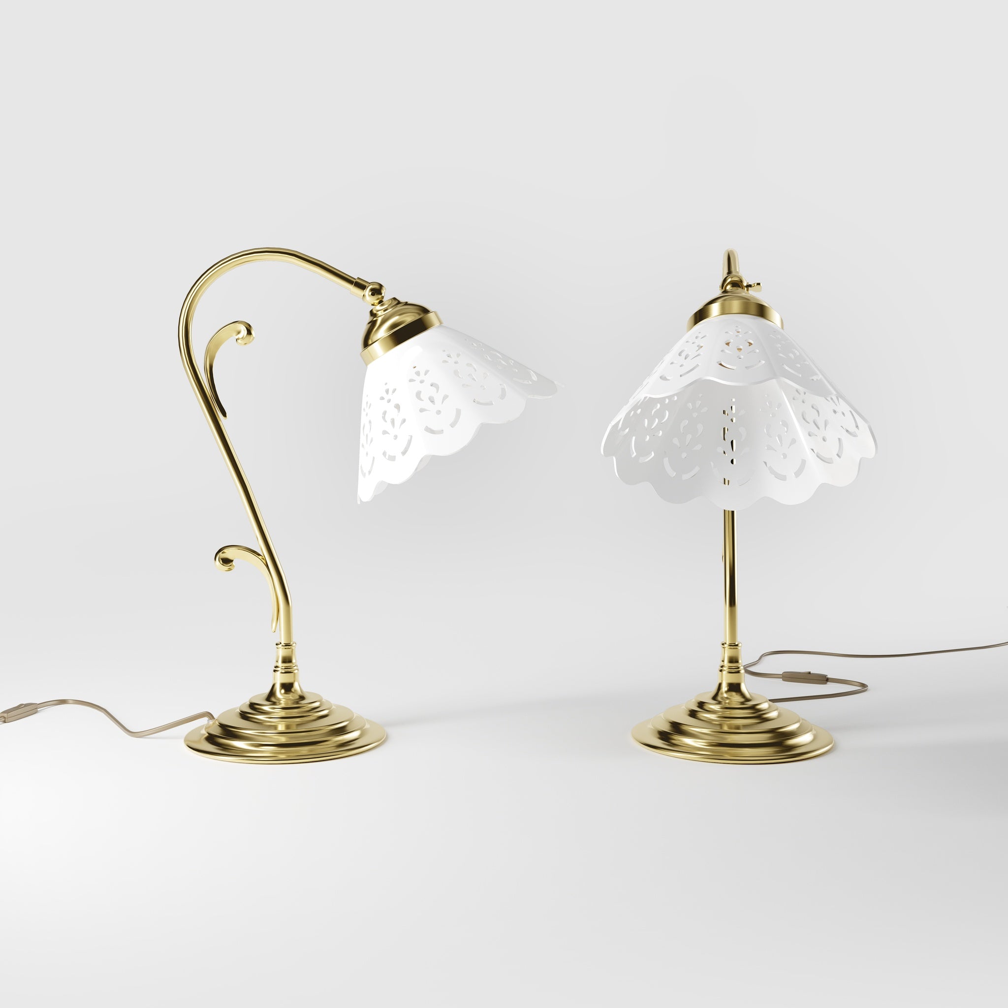 Art Nouveau table lamp with white pierced ceramic shade and decorative curved adjustable brass arm structure by Ghidini 1849 - Finish: OLV Polished Brass