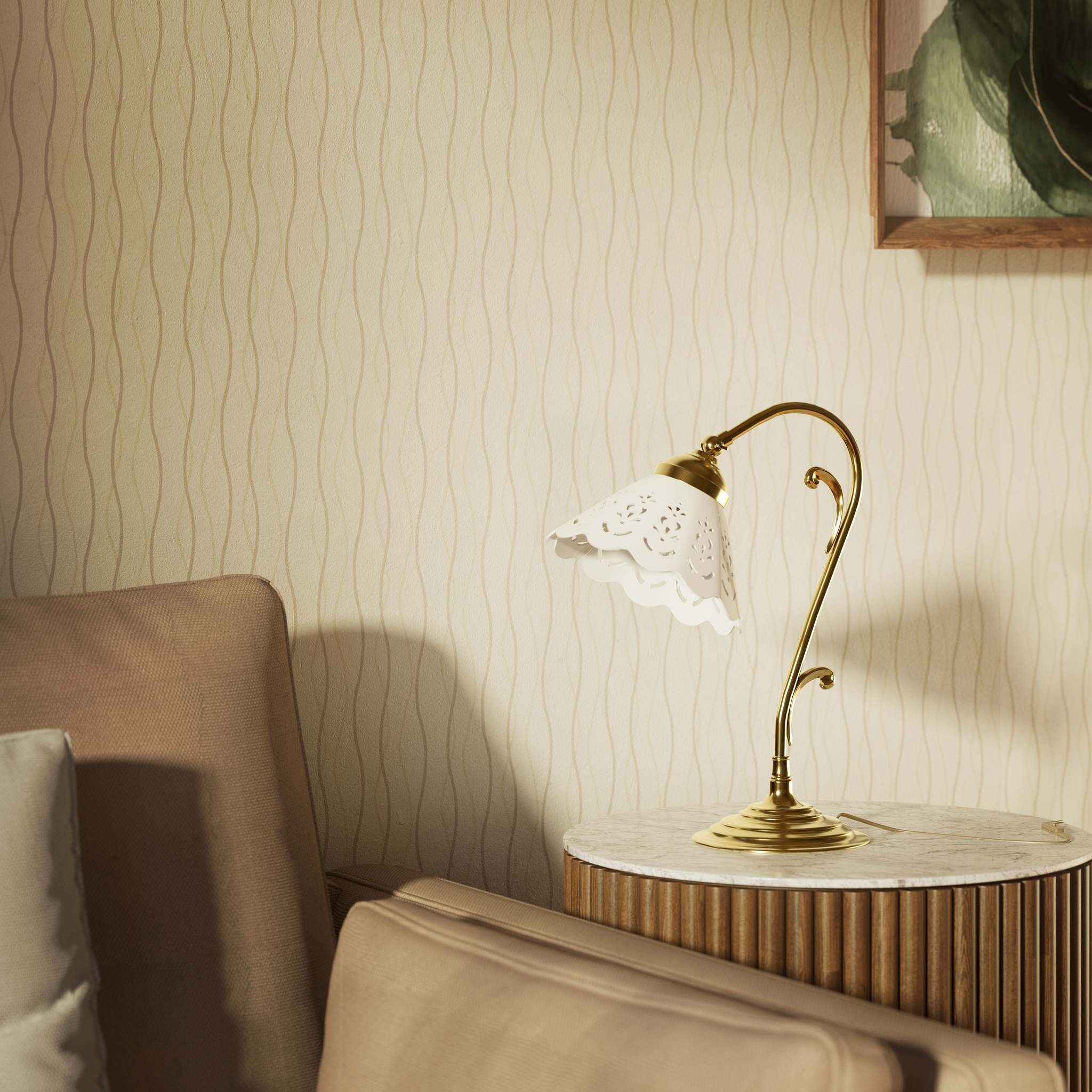 Art Nouveau table lamp with white pierced ceramic shade and decorative curved adjustable brass arm structure by Ghidini 1849 - Finish: OLV Polished Brass