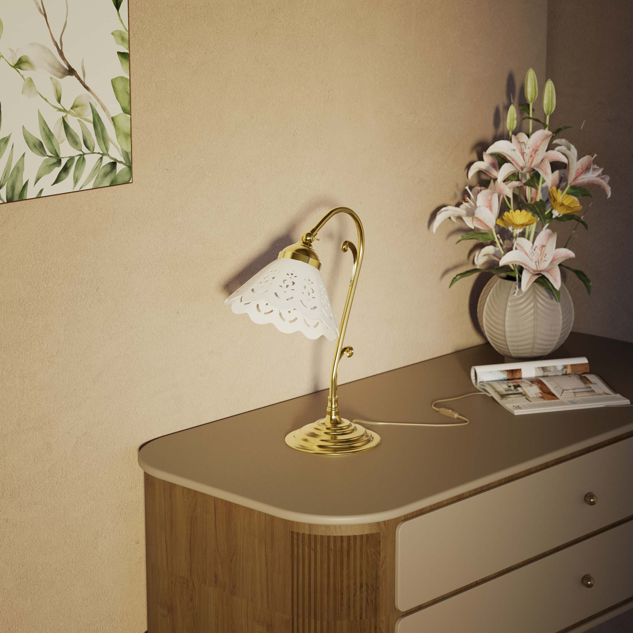 Art Nouveau table lamp with white pierced ceramic shade and decorative curved adjustable brass arm structure by Ghidini 1849 - Finish: OLV Polished Brass